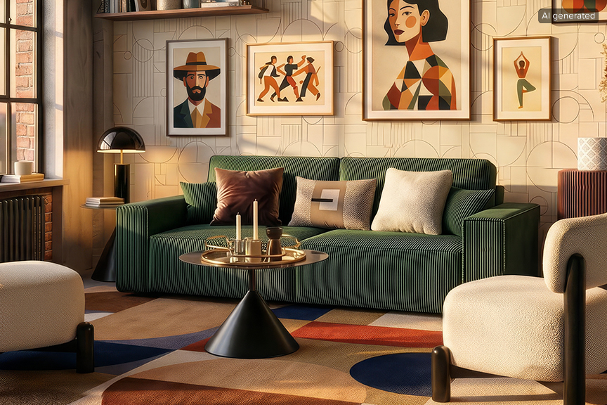 Bild ist KI-generiert. Wohnzimmer im modernen Art-déco-Look mit Retro-Möbeln, einem Cordsofa als Hingucker sowie einer bunten Gallery Wall.