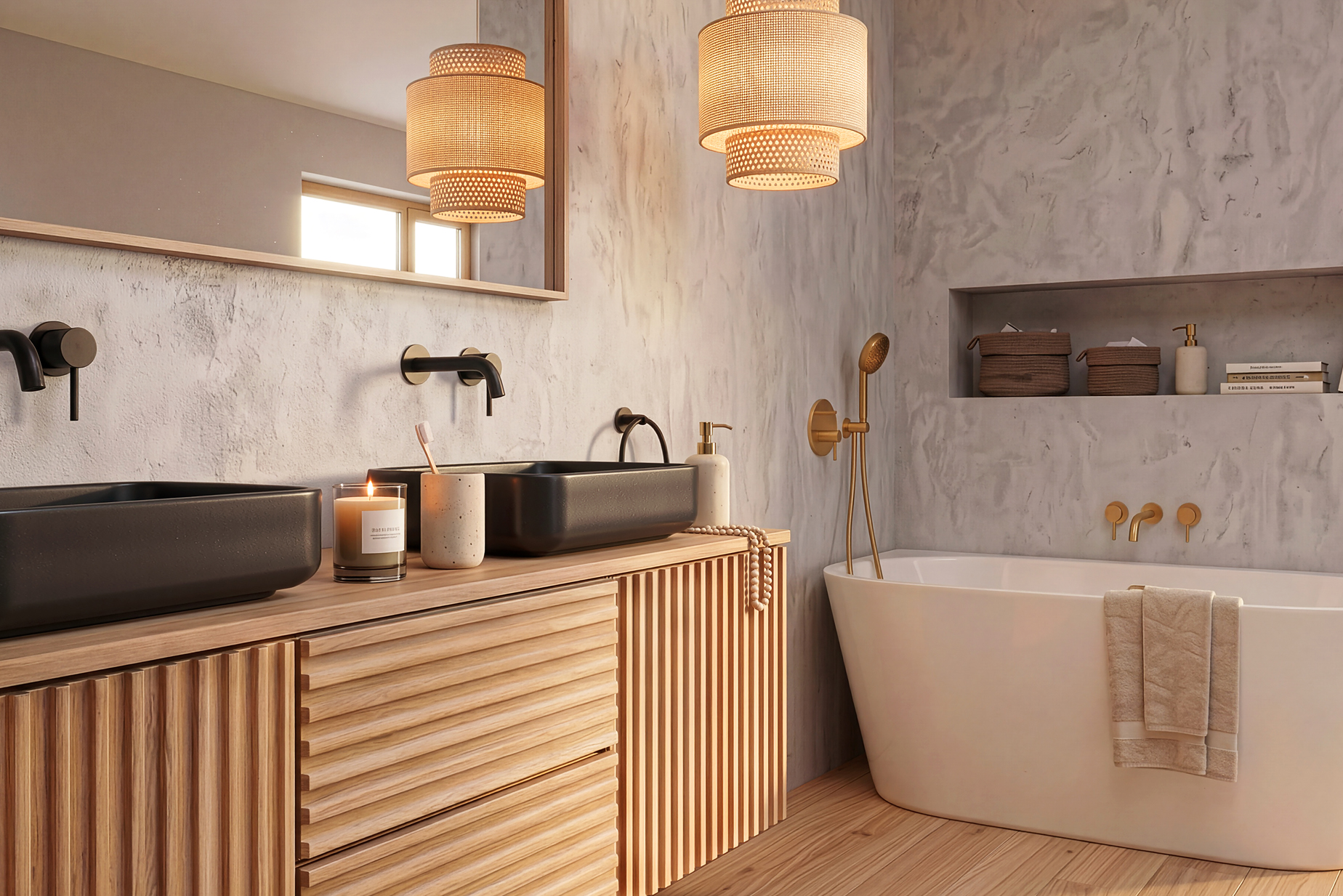 Spa-Ambiente im Badezimmer mit einer frei stehenden Badewanne, einem Waschbeckenunterschrank aus Holz im Lamellenlook sowie mit schwarzen Armaturen, dazu eine schöne Pendelleuchte aus Rattan.