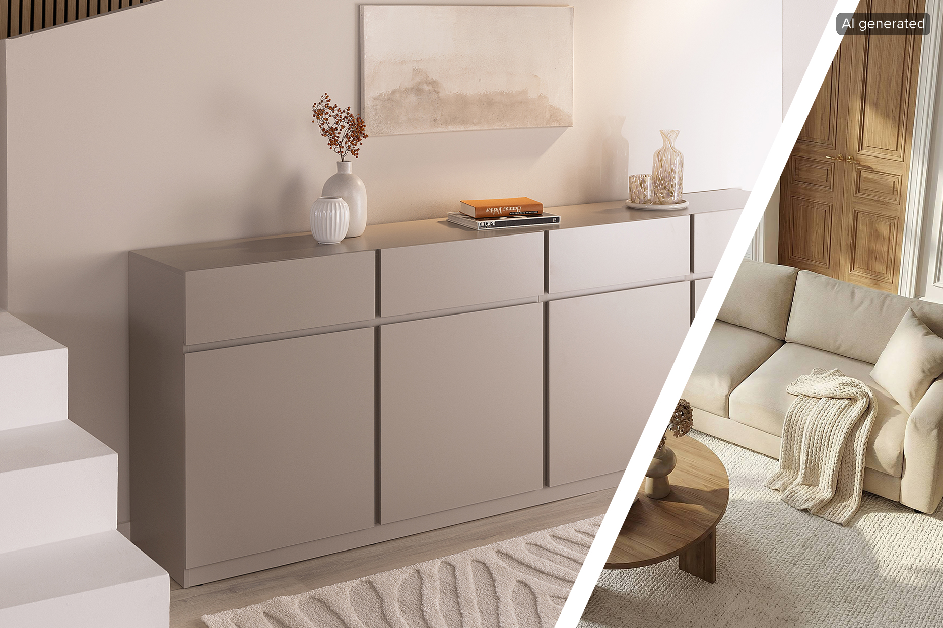 Image générée par IA. Enfilade moderne dans un ton cachemire chaleureux, décoration minimaliste et tapis clair dans le salon ; canapé beige avec plaid douillet, porte en bois en arrière-plan, pour une ambiance intérieure chaleureuse et naturelle.