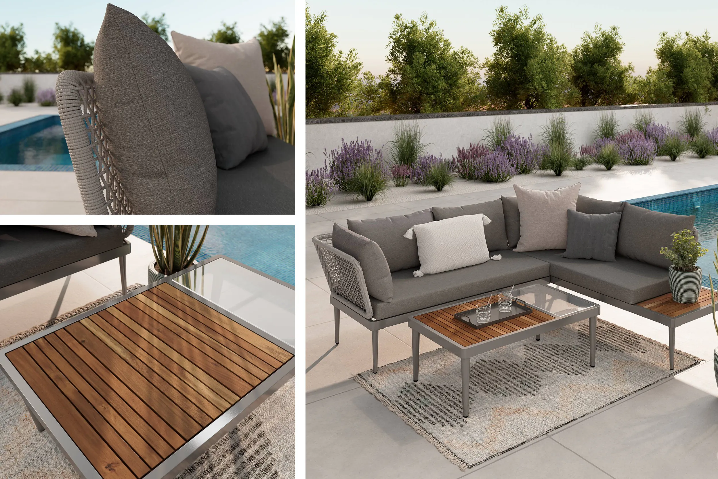 Gartenmöbel-Set mit grauen Polstern und Materialmix aus Holz, Glas, Metall und Polyrattan