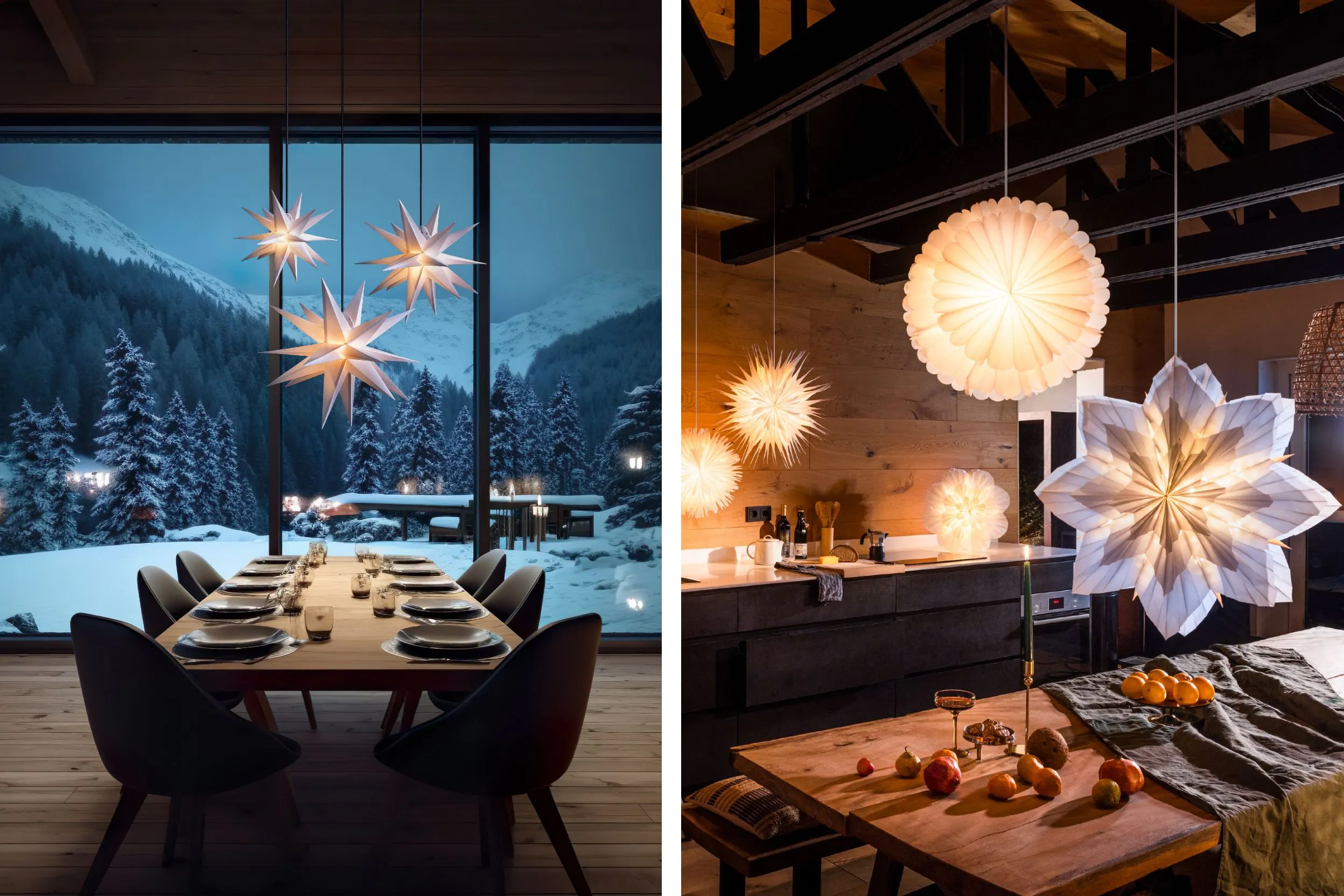 Zwei warme und elegante Innenräume, signiert von home24, die für die Feiertage dekoriert wurden. Links befindet sich ein Esszimmer, in dessen Mitte ein Holztisch mit Tellern und Gläsern gedeckt ist. Mehrere von der Decke hängende Leuchtsterne aus Papier sorgen für eine märchenhafte Atmosphäre. Auf der rechten Seite befindet sich eine offene Küche mit Essbereich. Ähnliche Leuchtsterne erhellen den Raum, während weiße Papier-Hängeleuchten für einen sanften Touch sorgen.
