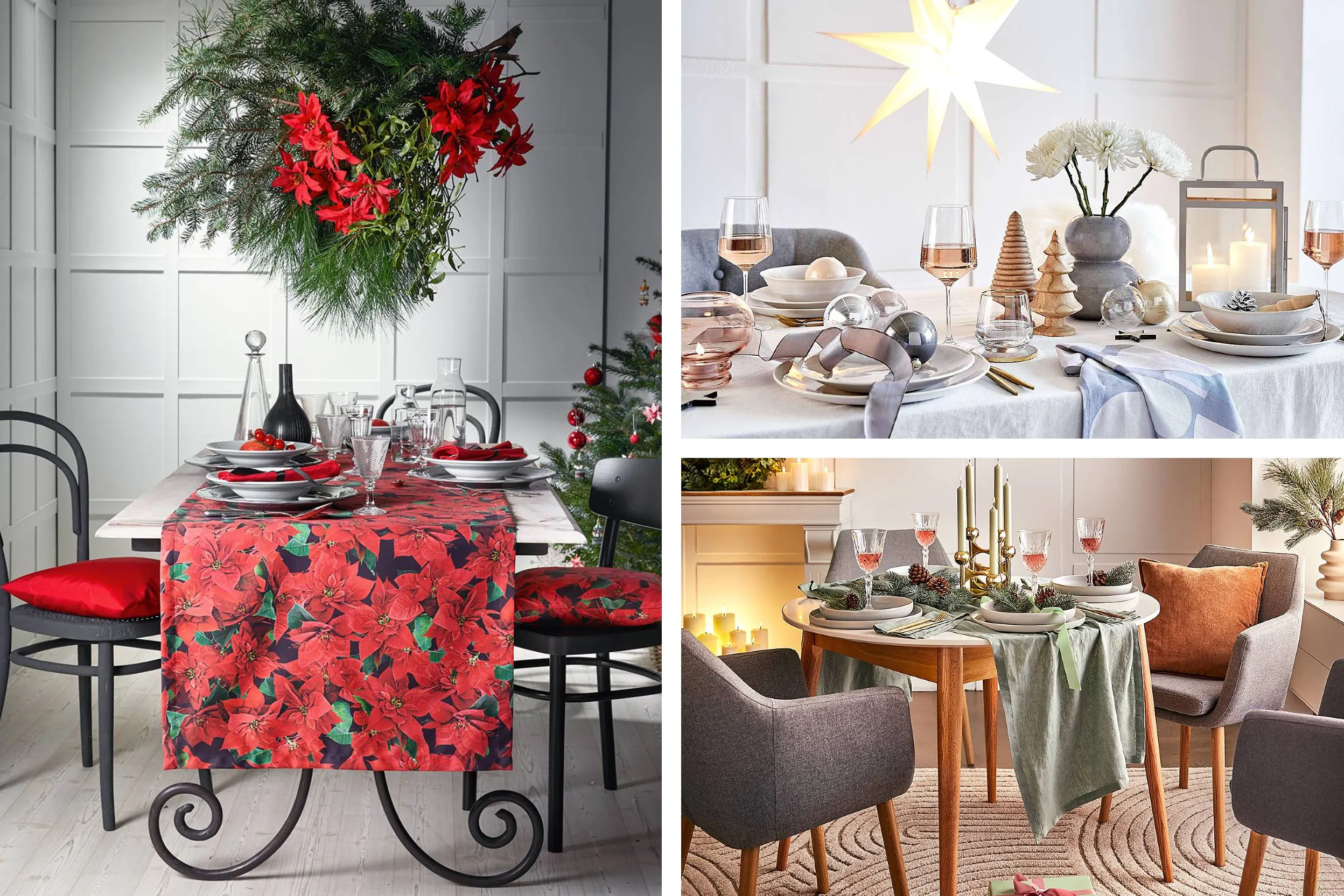 Eine Komposition aus drei festlich gedeckten Tischen, die liebevoll dekoriert sind. Der erste Tisch hat eine Tischdecke mit rotem Blumenmuster, während die beiden anderen Tischdecken in neutraleren Farben gehalten sind. Auf allen Tischen finden sich bei home24 erhältliche Dekorationselemente wie Kerzen, elegantes Geschirr, Weingläser und natürliche Dekorationen wie Tannenzweige und Blumen.