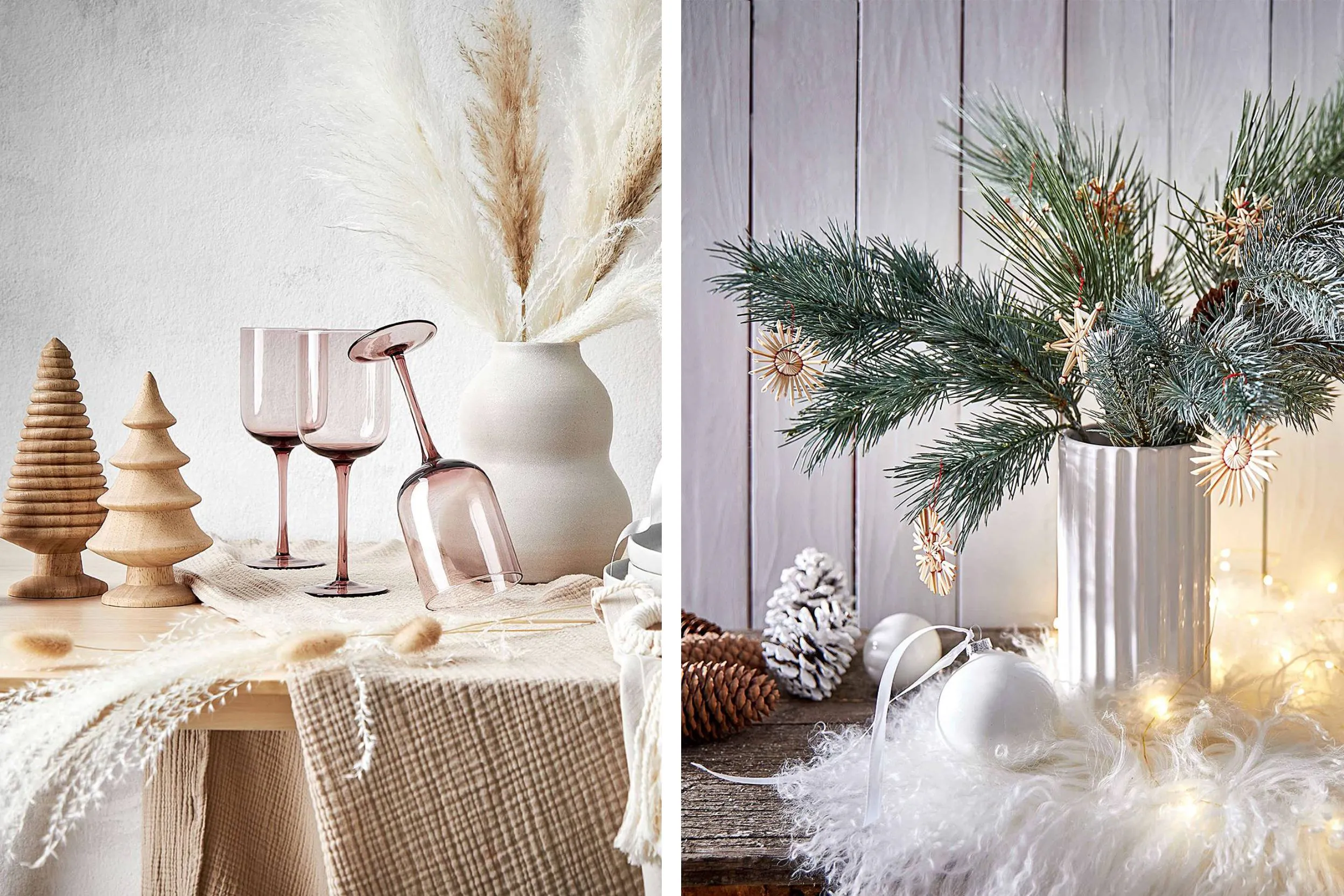 Zwei inspirierende Inszenierungen, um die Feiertage zu zelebrieren. Einfache Elemente (Tannenzweige, Pampas, Gläser), die bei home24 erhältlich sind, werden durch ein Spiel mit Texturen und Farben sublimiert, um originelle und individuelle Dekorationen zu schaffen.