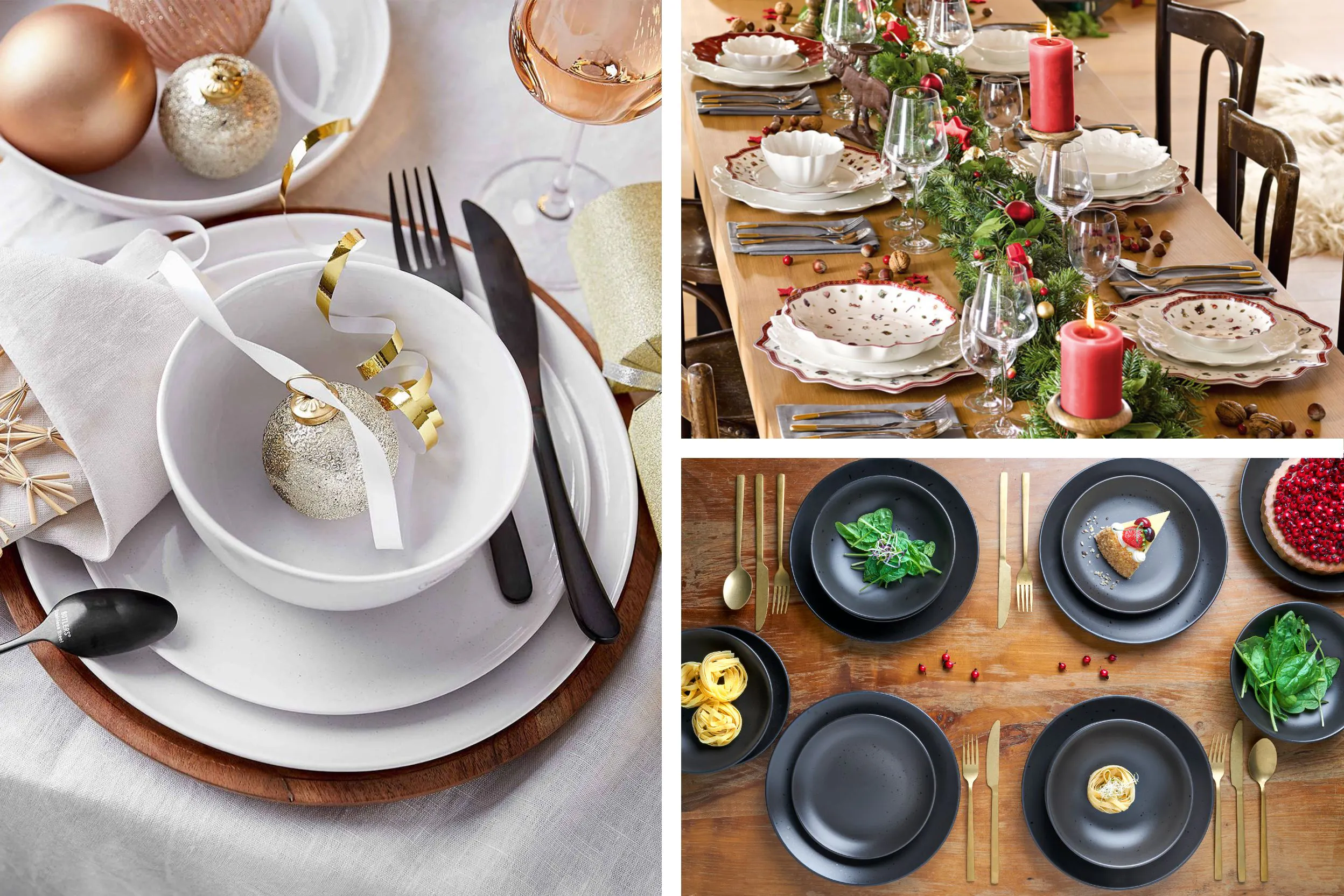 Drei verschiedene Inszenierungen von Festtafeln mit home24-Accessoires. Die erste zeigt einen minimalistischen Stil mit neutralen Farben und goldenen Ornamenten. Die zweite zeigt eine warme, traditionelle Atmosphäre mit rot und grün gemusterten Tellern, Kerzen und einer Girlande. Die dritte Inszenierung ist modern mit mattschwarzen Tellern, goldenem Besteck und grünen Akzenten.