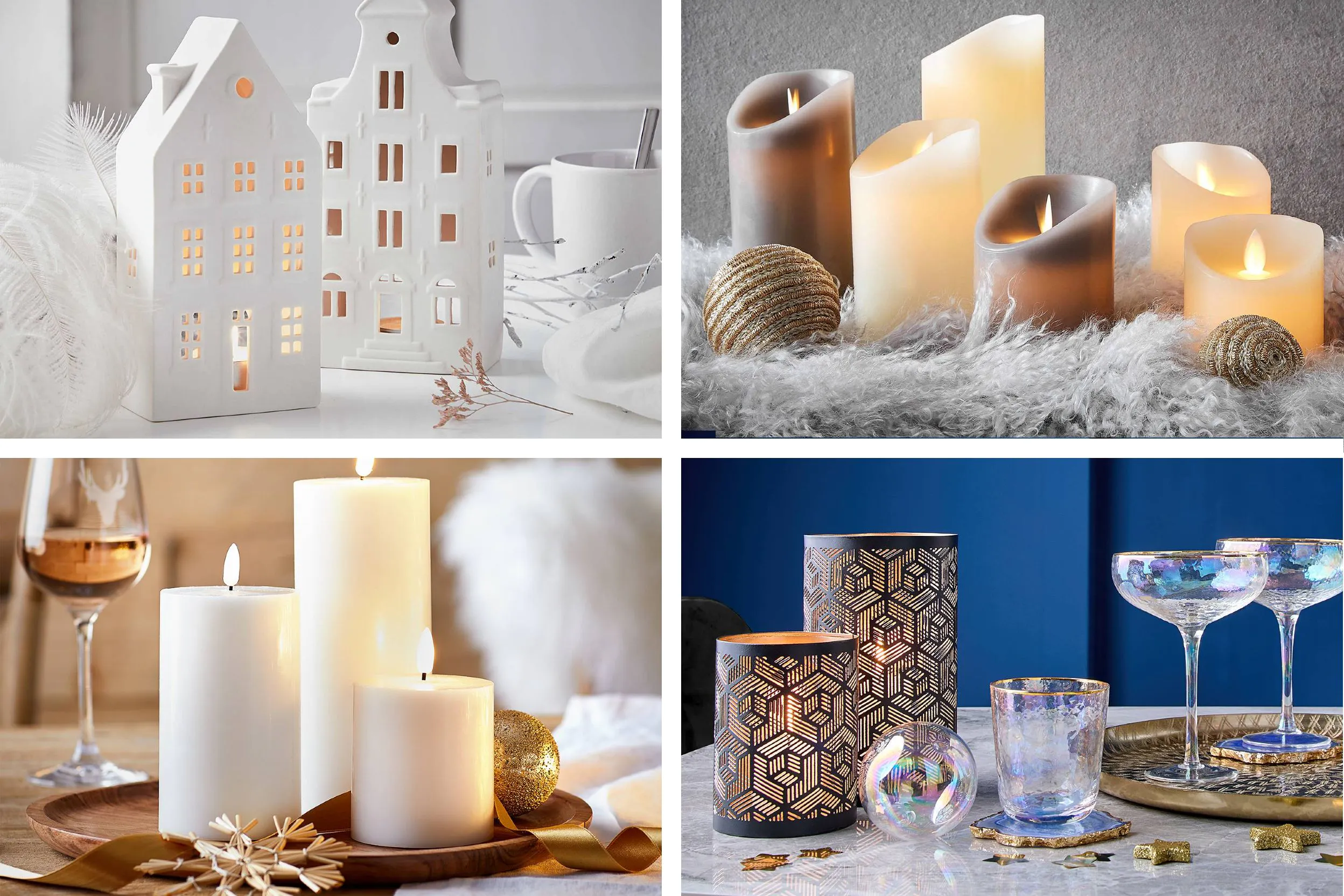 Komposition aus vier Bildern, die Kerzen in verschiedenen Home24-Dekorationen zeigen: Keramikhäuschen, Teelichter auf Kunstpelz, große weiße Kerzen auf einem Holztablett, Windlicht aus schwarzem Metall.