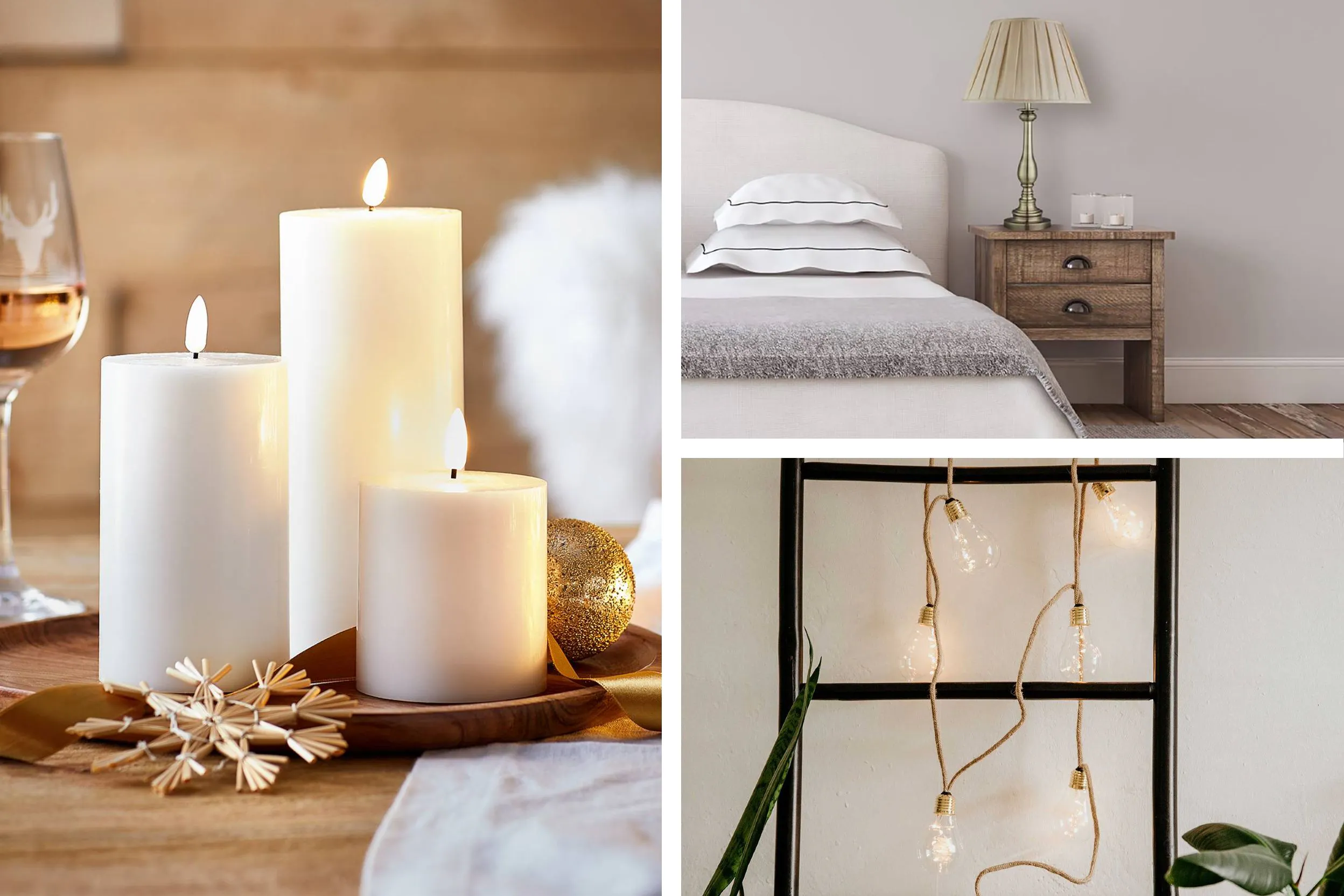 Links: weiße LED-Kerzen, rechts: klassische Nachttischlampe und eine dekorative Seil-Lichterkette