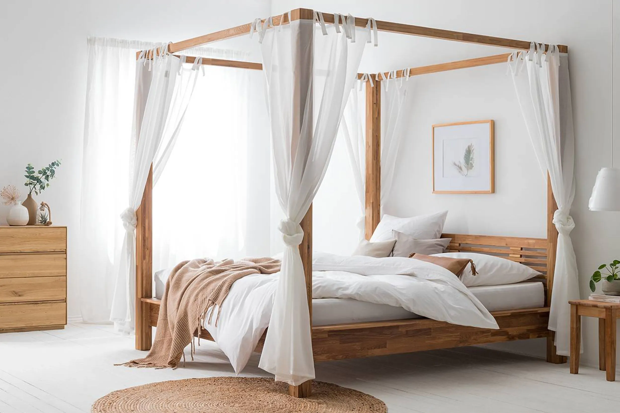 Ein Himmelbett aus hellem Holz mit weißen Vorhängen