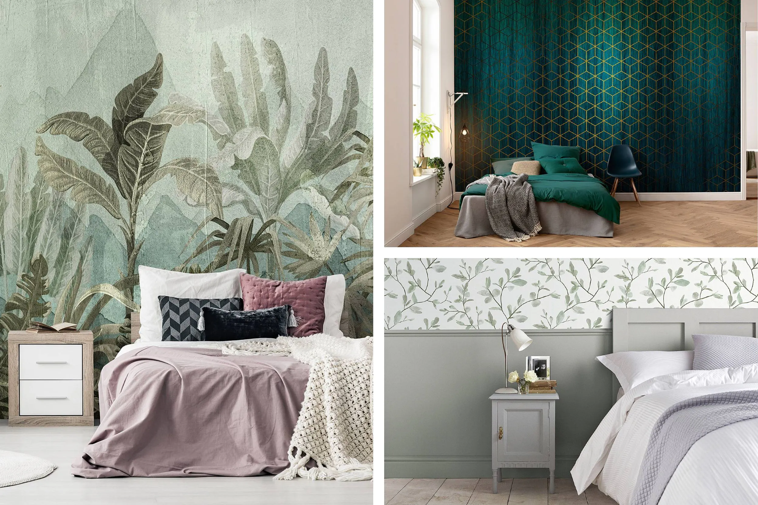Drei Tapetenstile fürs Schlafzimmer: ein tropisches Muster, ein geometrisches Art-Déco-Design und ein Blumendruck