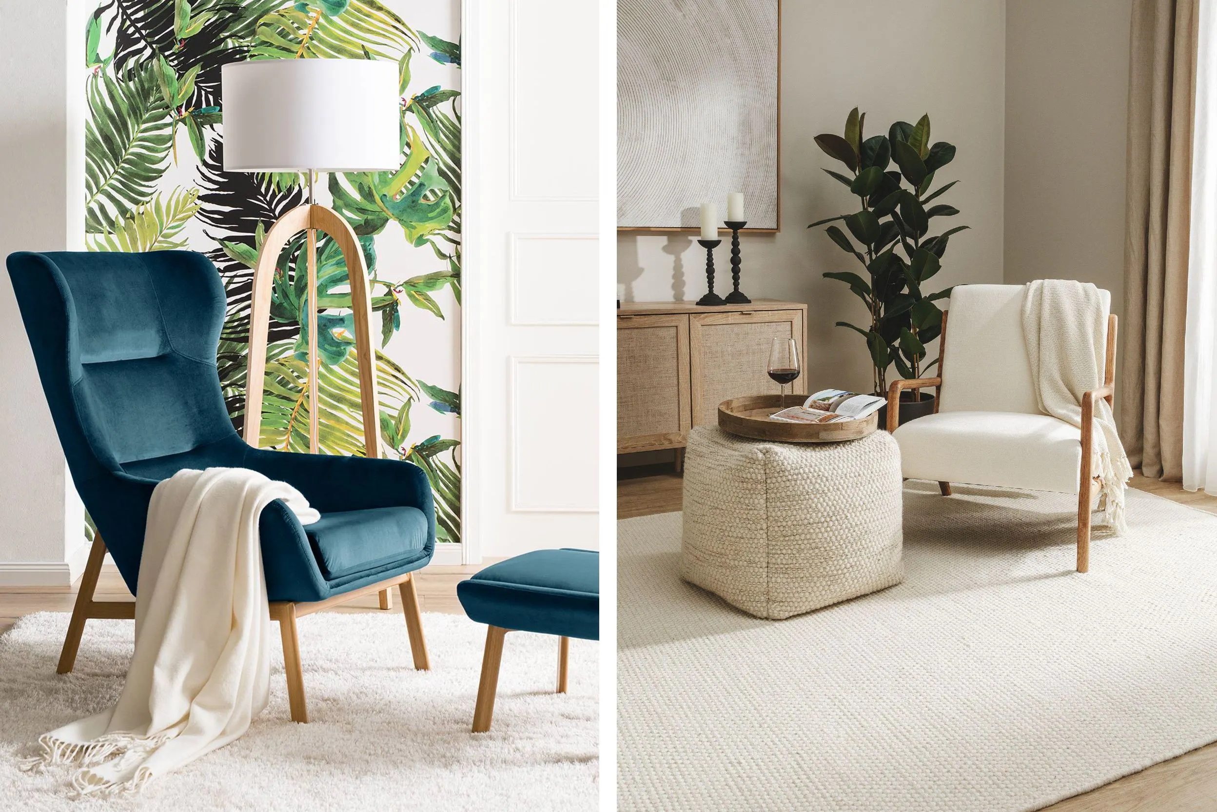 Links: Sessel aus blauem Samt mit Hocker, rechts: Sessel aus weißem Stoff mit Pouf