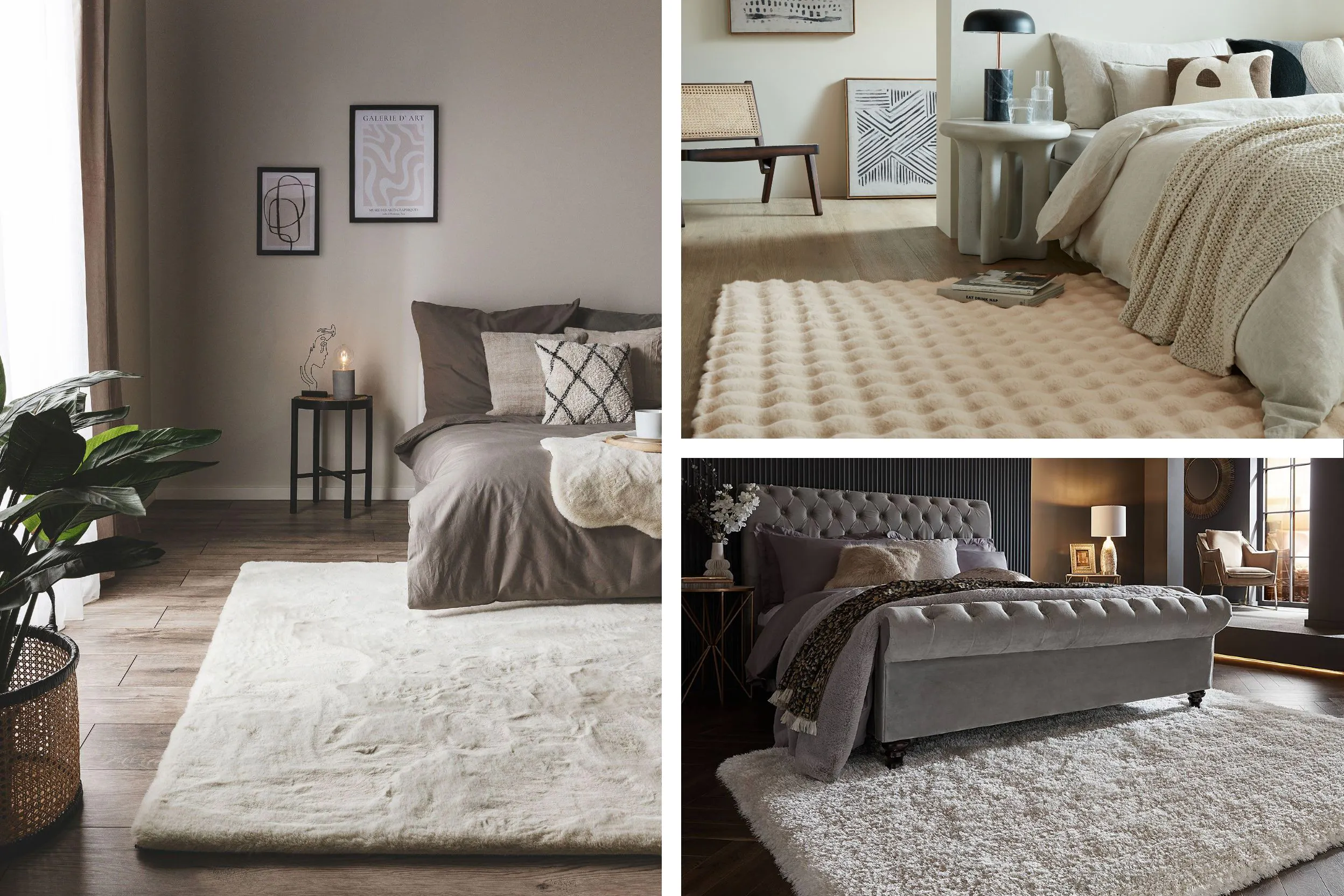 Drei Schlafzimmer in verschiedenen Stilen, jeweils mit großen, hellen Teppichen