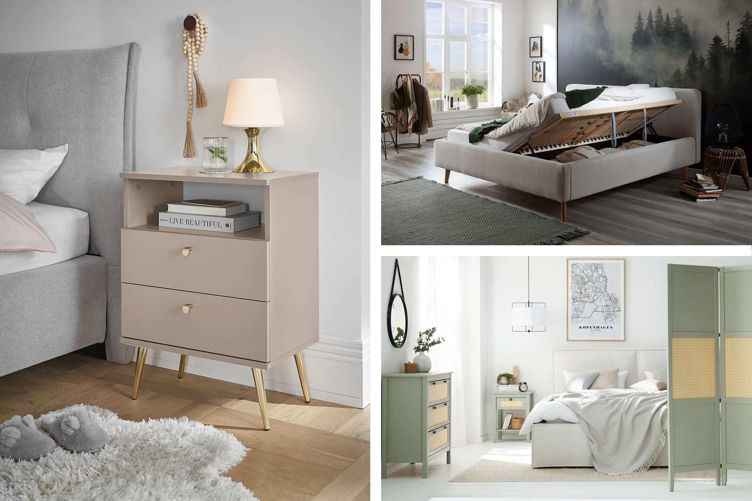 Links: eleganter Nachttisch, rechts: Bett mit Bettkasten und ein Schlafzimmer mit Kommode und Paravent