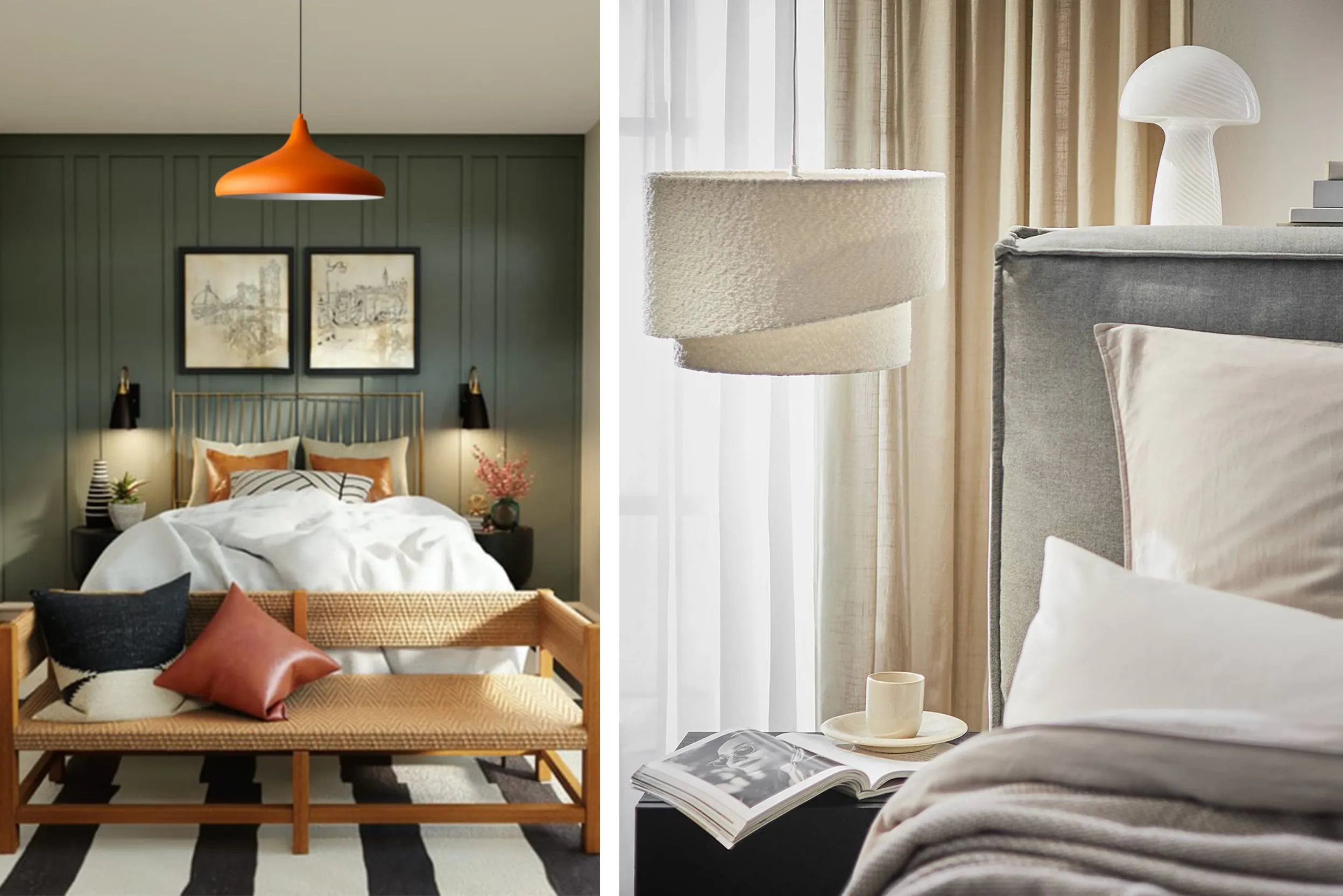 Links: orangefarbene Hängeleuchte über einem Bett, rechts: Hängelampe und eine Tischlampe in Pilzform.
