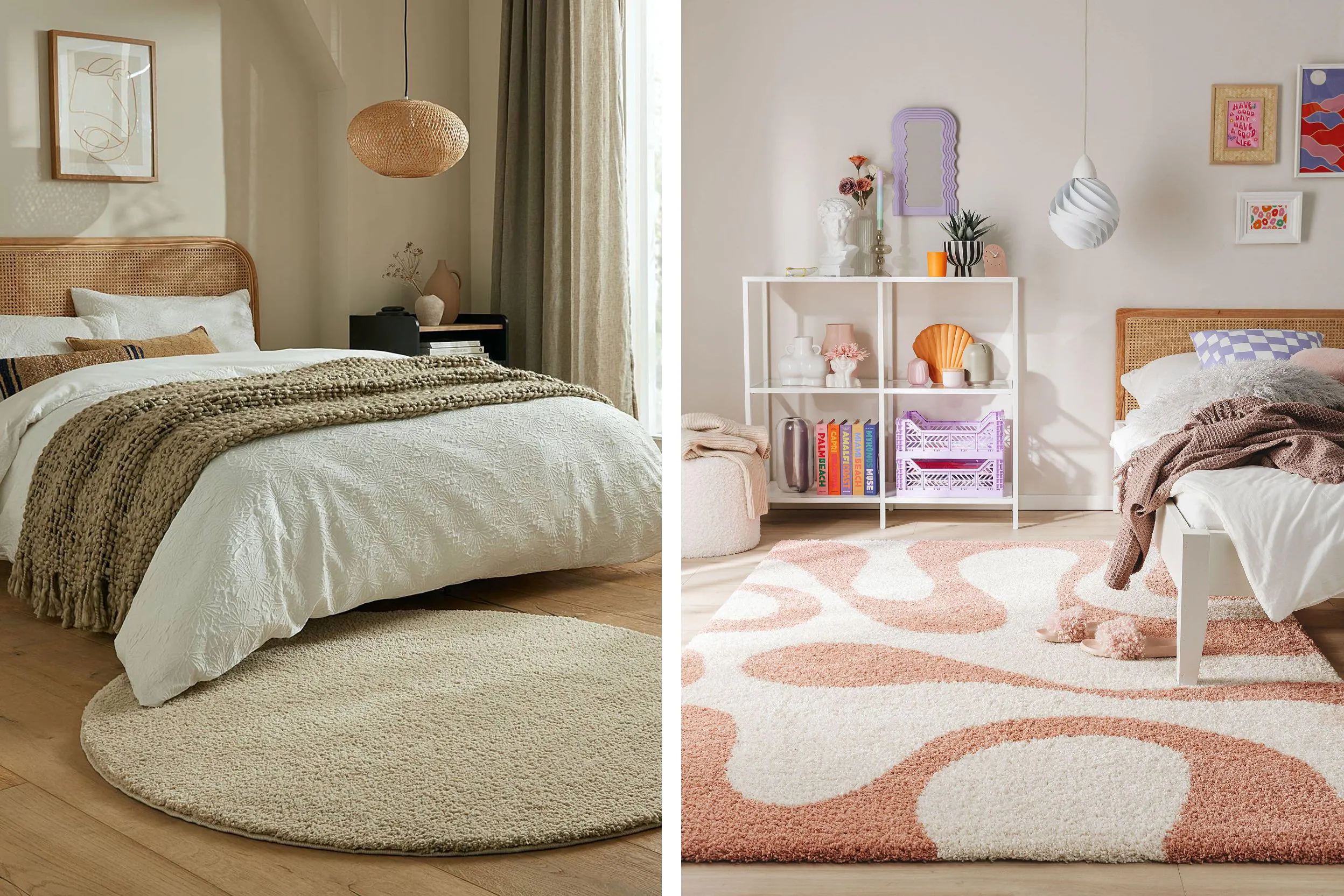 Links: Schlafzimmer mit einem runden, beigen Teppich, rechts: Schlafzimmer mit einem abstrakten Teppich in Weiß-Rosa
