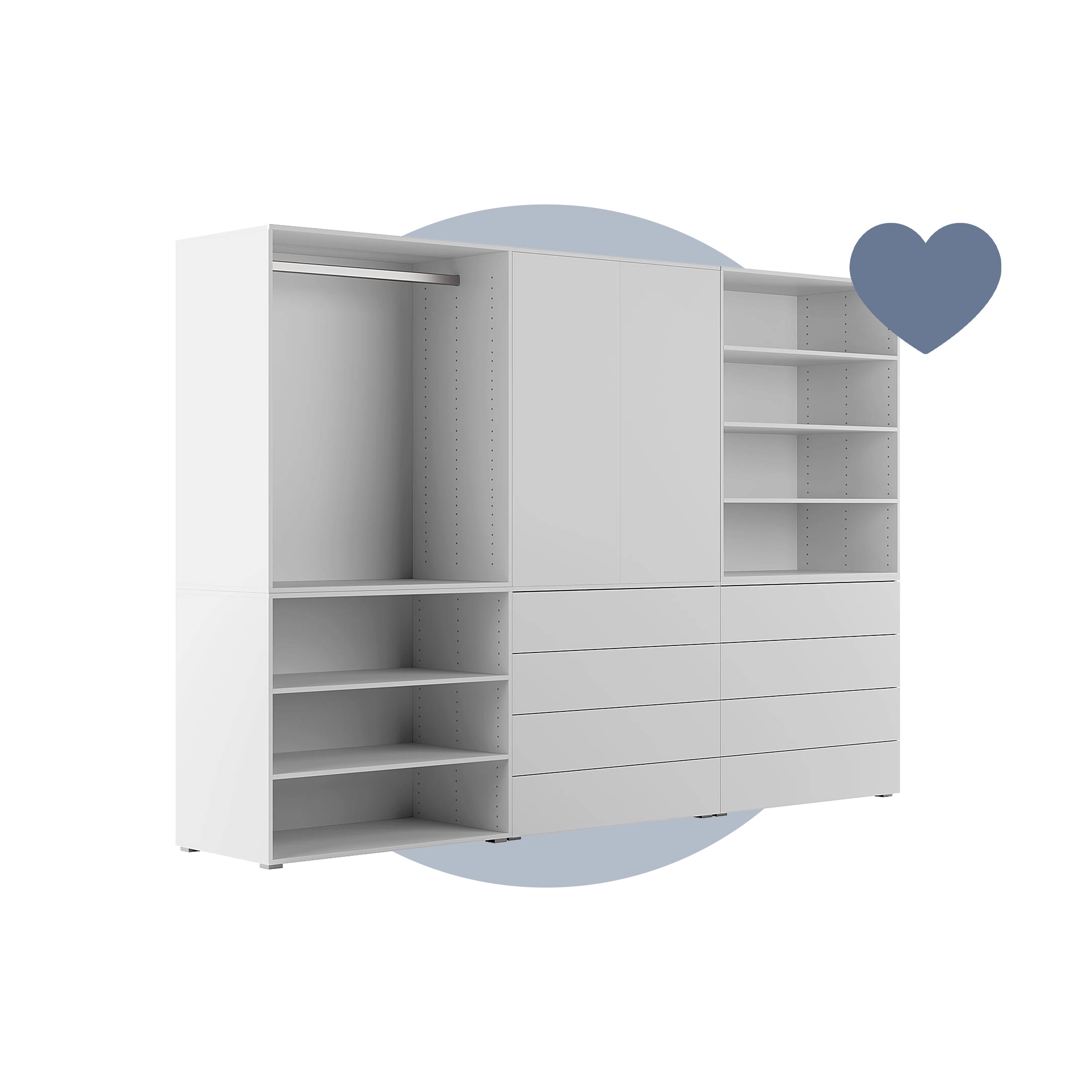 Weißer Kleiderschrank Nikko mit offenen Regalelementen