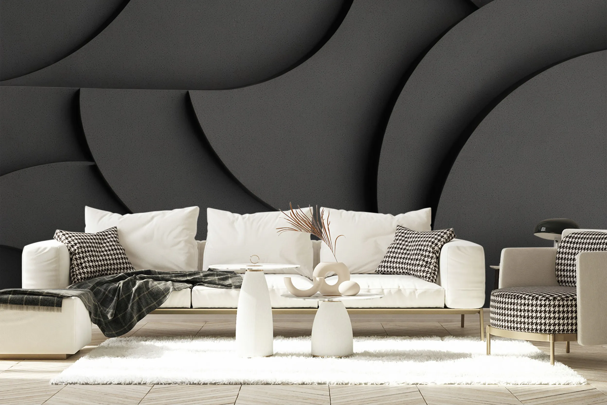 Wohnzimmer mit hellen Möbeln und schwarzer, großformatiger 3D-Tapete