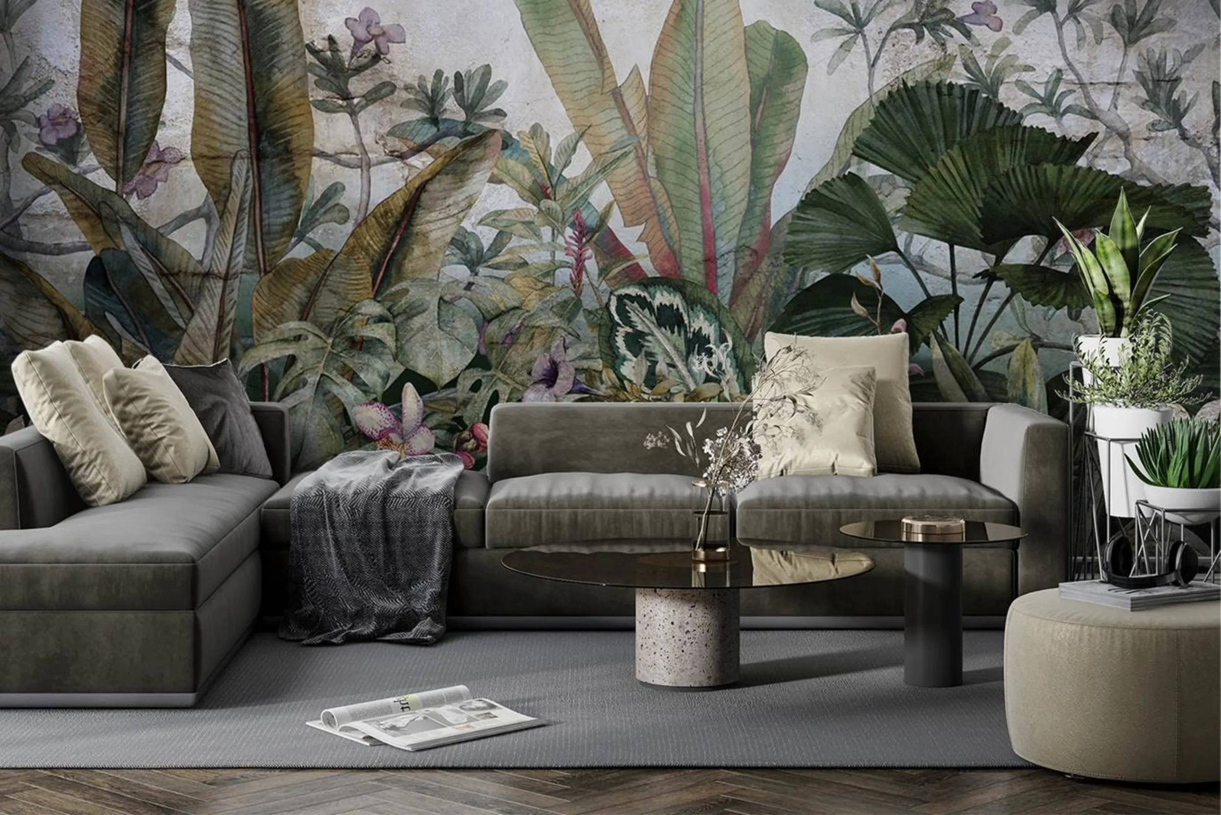 Botanische Tapete in einem großen Wohnzimmer