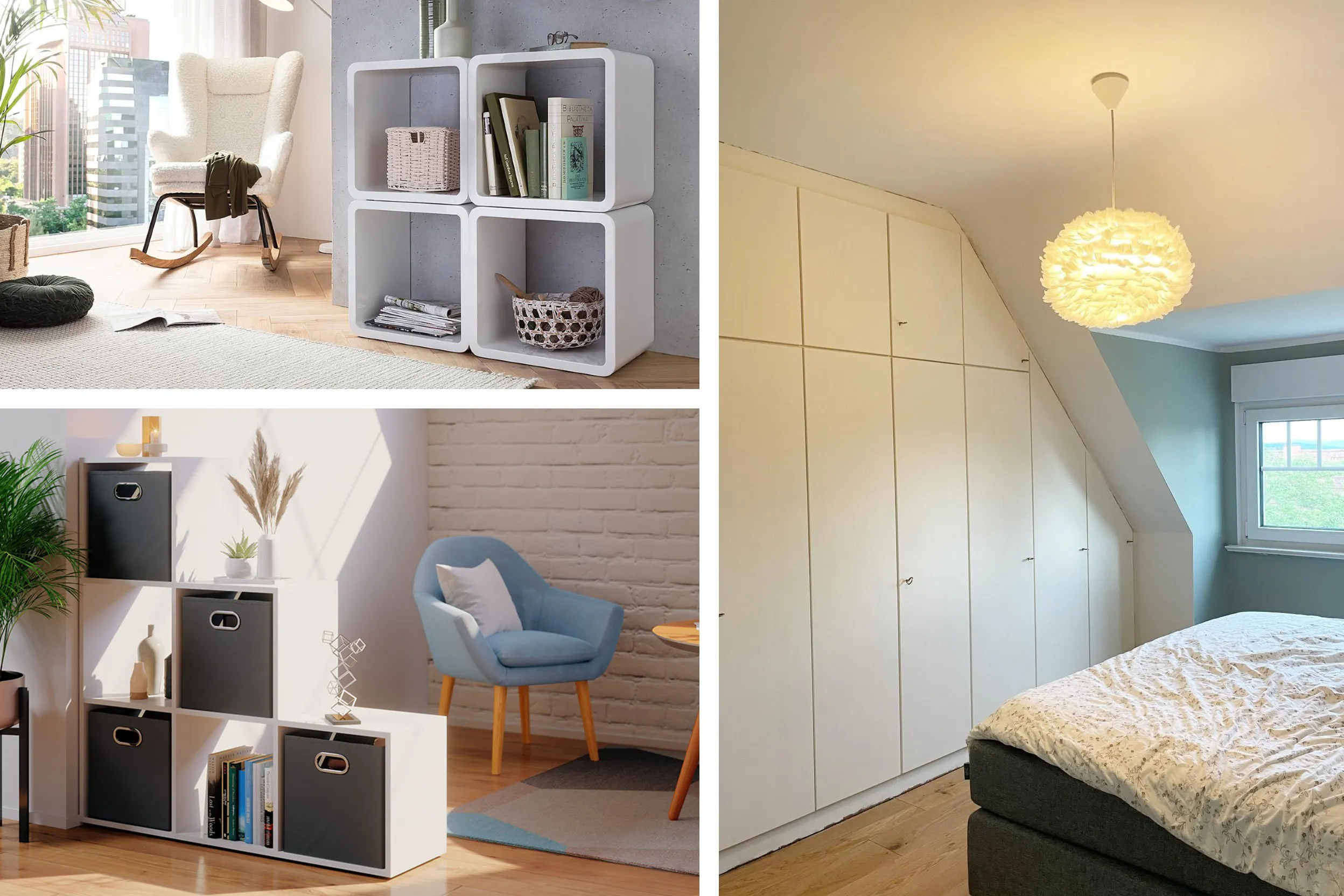 Links: modulares Regal und Treppenregal, rechts: Einbaukleiderschrank