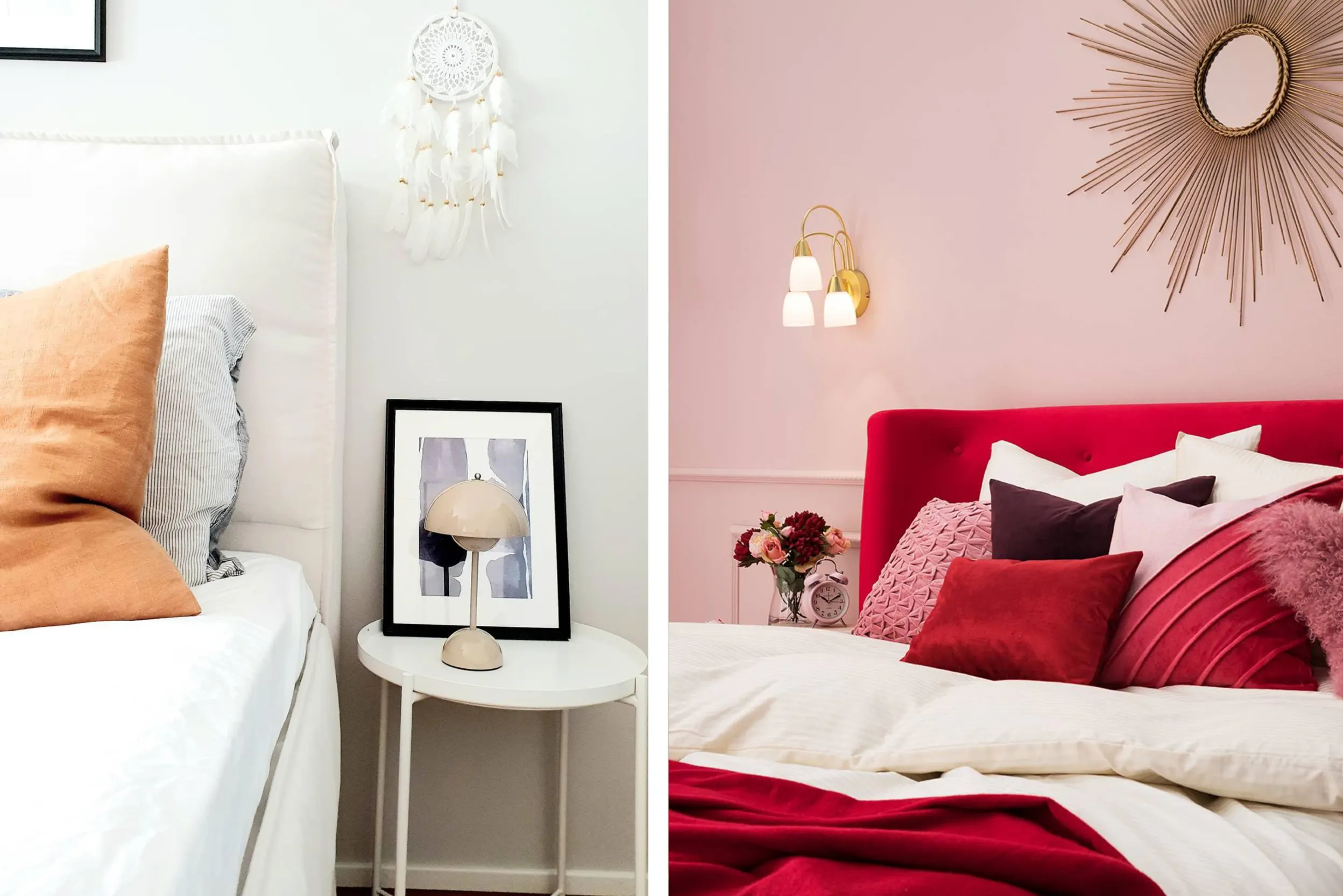 Links: Schlafbereich mit Traumfänger, rechts: Sonnenspiegel über einem roten Bett