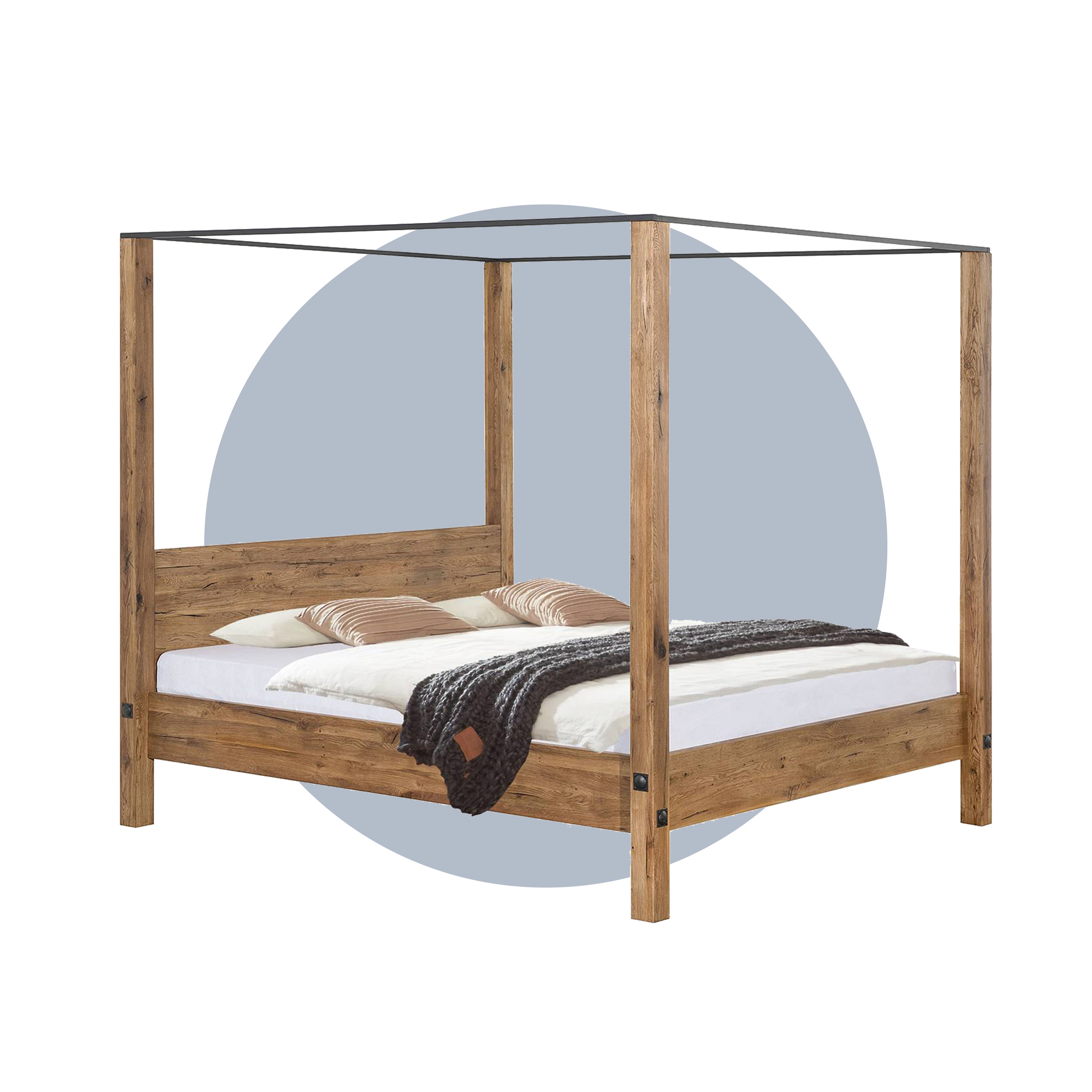 Himmelbett aus Massivholz vor einem blau illustierten Kreis