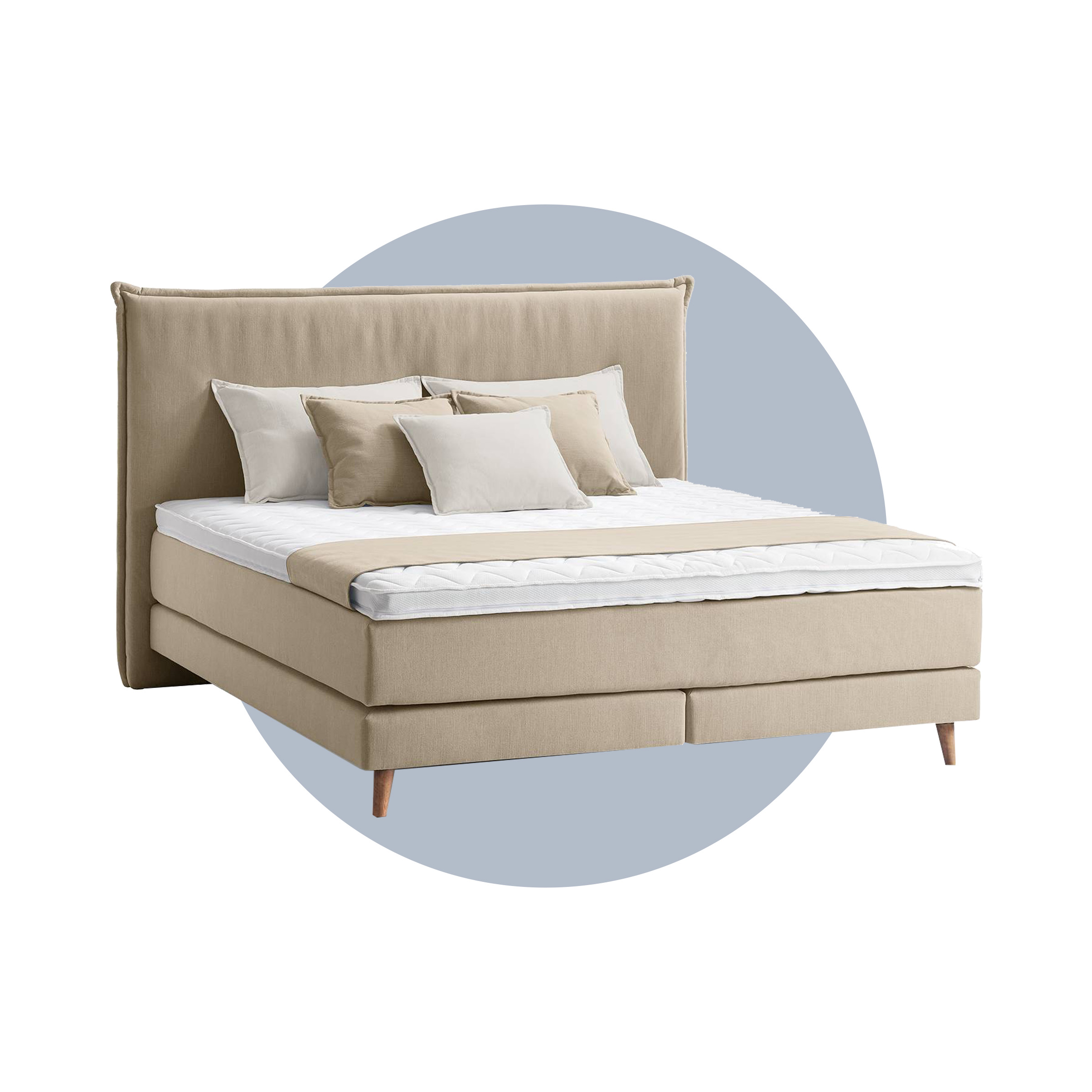 Beiges Boxspringbett Avellino vor einem blau illustierten Kreis