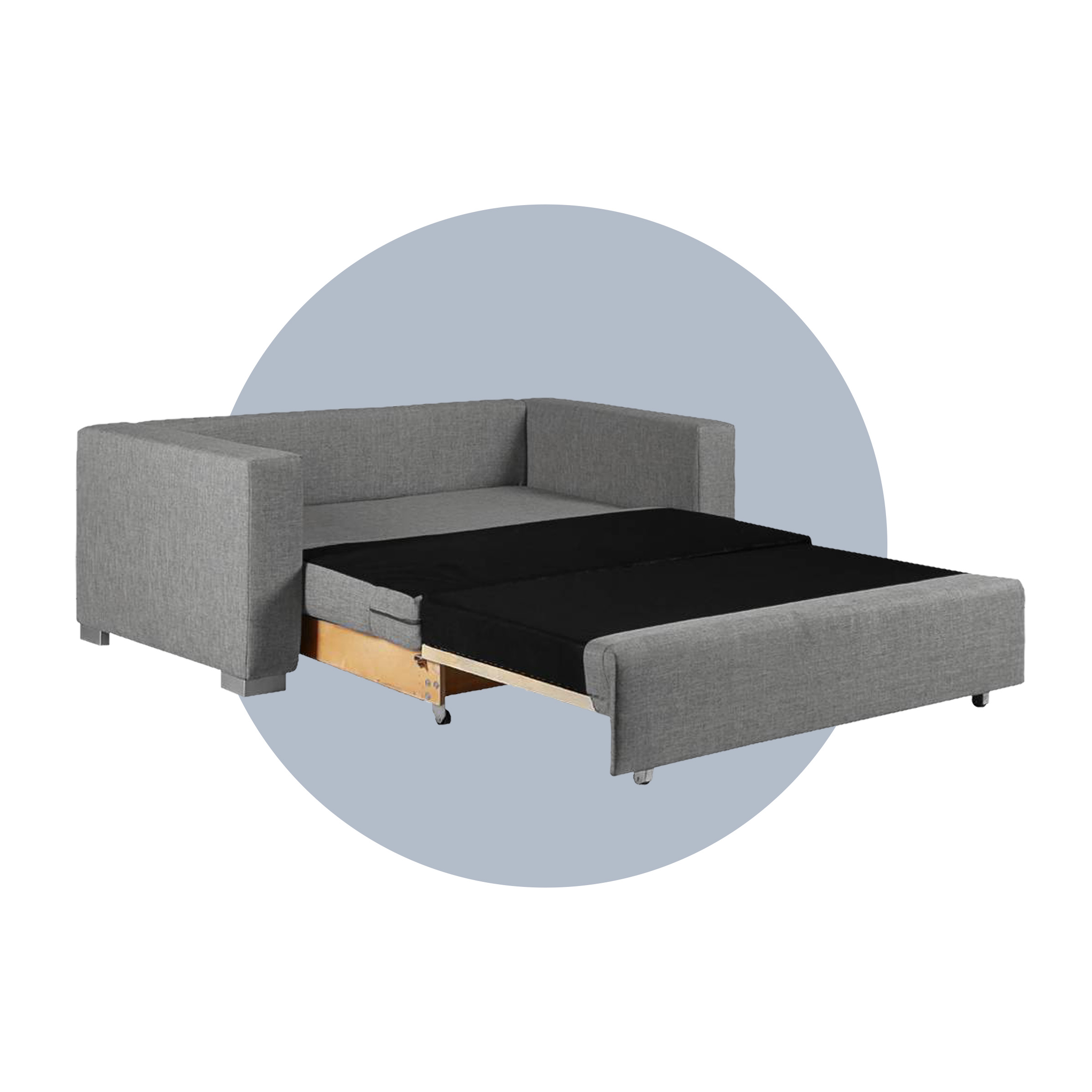 Graues, ausgezogenes Schlafsofa Latina vor einem blau illustierten Kreis