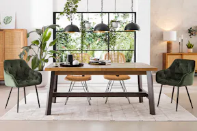 Esszimmer mit Loft-Charakter und viel Platz für einen Auszieh-Esstisch, verschiedene Stühle aus Samt und Rattan, Massivholzschränke sowie allerlei tropische Pflanzen und trendige Designerlampen.