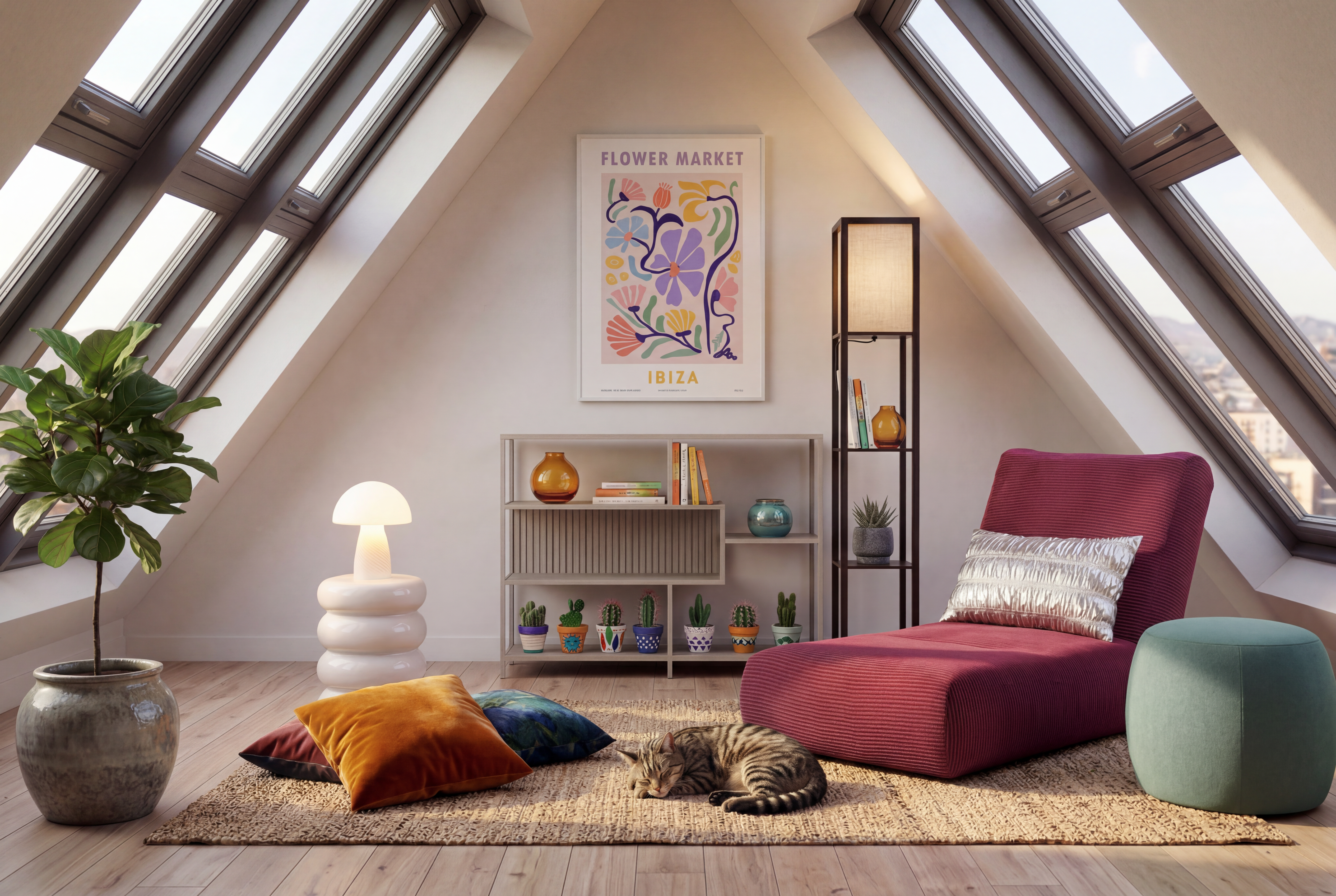 Weinroter Schlafsessel aus Cord mit silbernem und bunten Kissen, dazu Regale, ein Pouf sowie ein weißer Beistelltisch mit einer weißen Mushroom-Lampe.