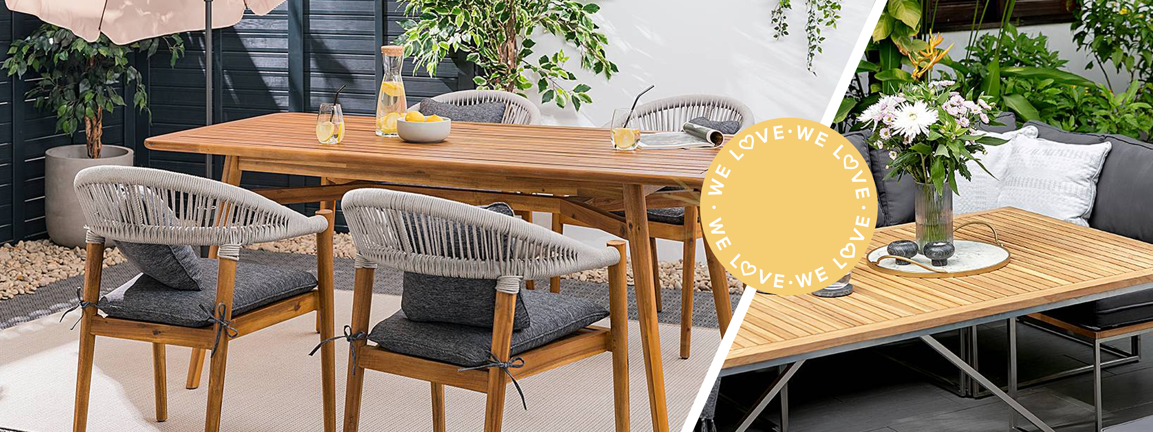 Moderne Terrasse mit einer Outdoor-Lounge aus Teakholz und Edelstahl von der BUTLERS Möbelserie Teakline, dazu gemütliche Textilien wie Kissen und ein Outdoor-Teppich sowie weitere Gartenaccessoires; daneben ein Detailbild eines Outdoor-Tischs aus Teakholz.