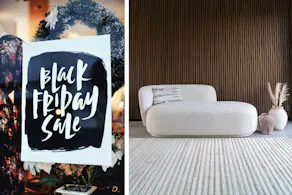 Weiße Loungeliege von home24 und Aufschrift "Black Friday" an einem Schaufenster