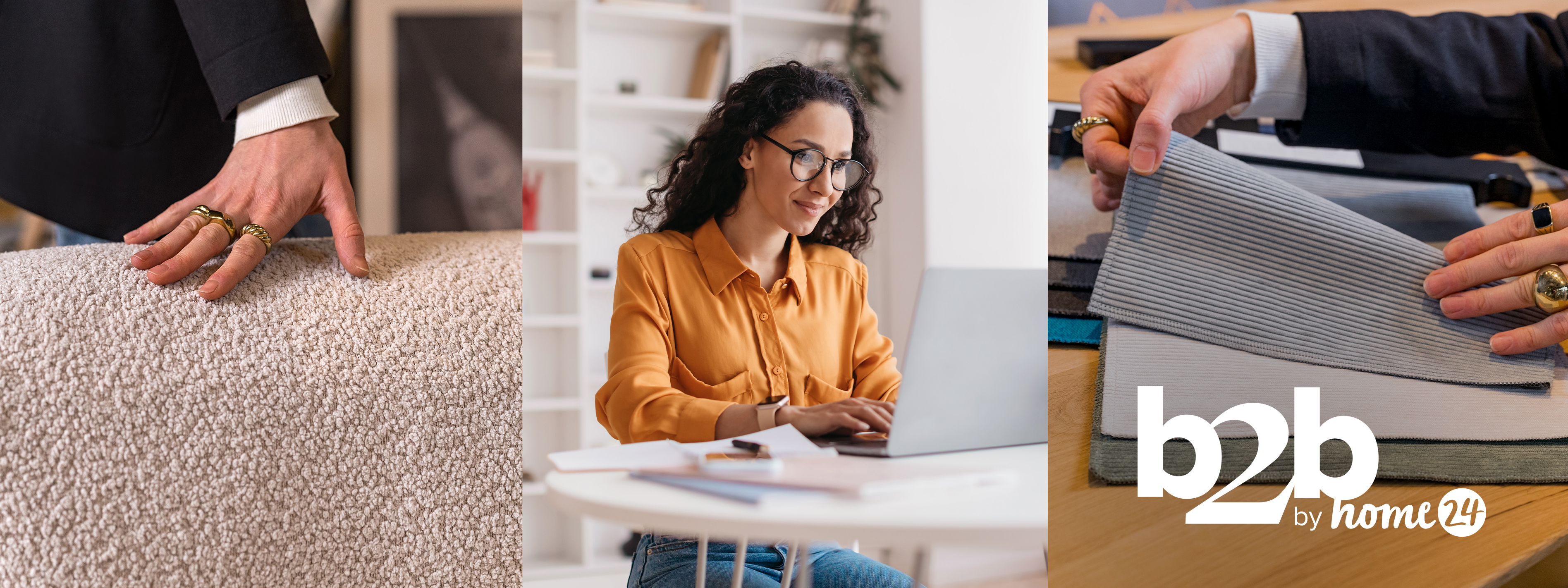 Collage zur B2B-Einrichtungsberatung bei home24, welche Hände zeigt, die über ein beiges Bouclé-Sofa streichen, einer braunhaarigen Frau vor einem Laptop sitzend, sowie Hände, die Stoffmusterbeispiele durchblättern.