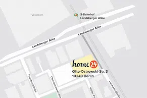 Maps-Ausschnitt, der den Weg von der S-Bahn-Station Landsberger Allee zum home24 Showroom in Berlin Prenzlauer Berg anzeigt
