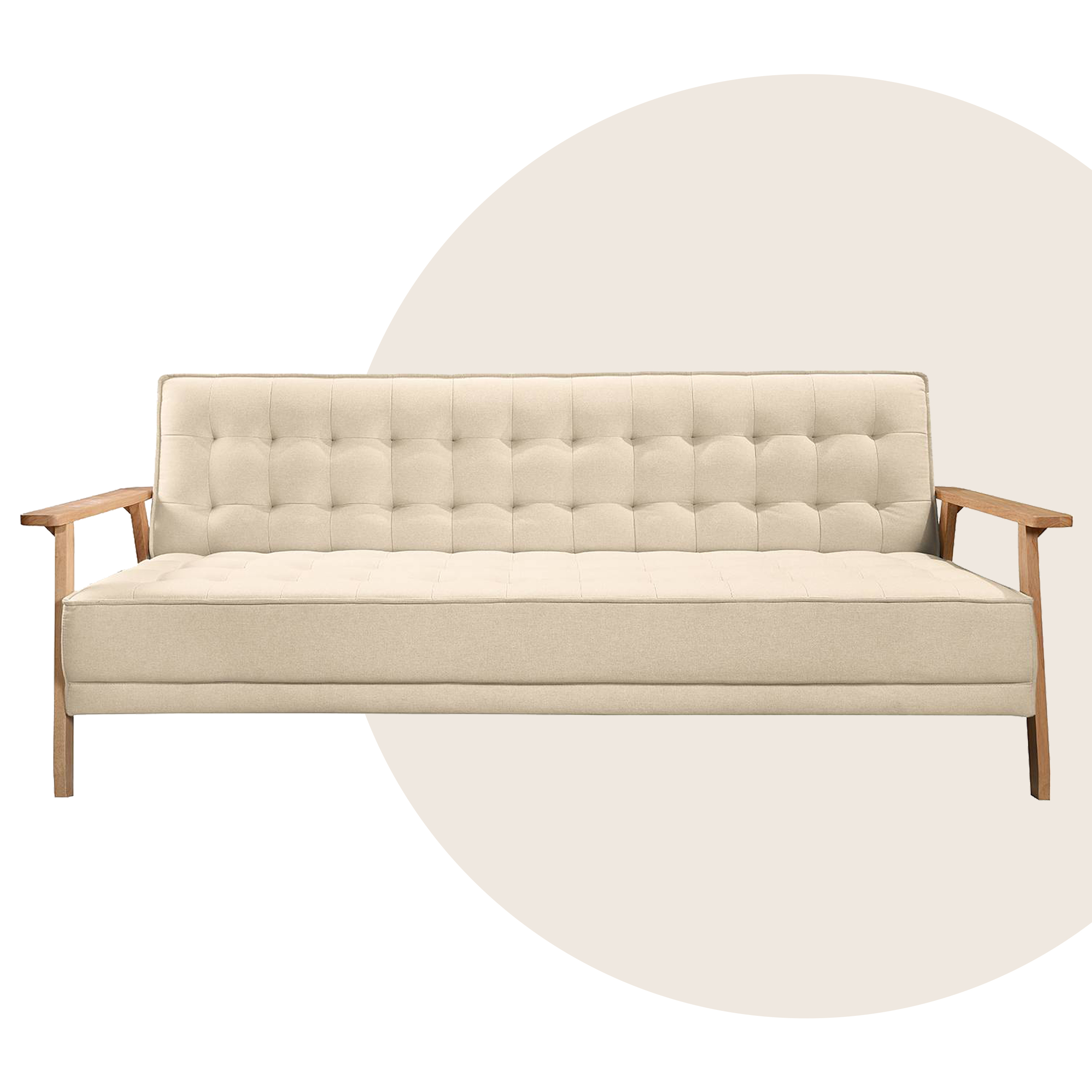 Beiges Schlafsofa Mid Century mit Chesterfield-Knöpfung und Holzbeinen