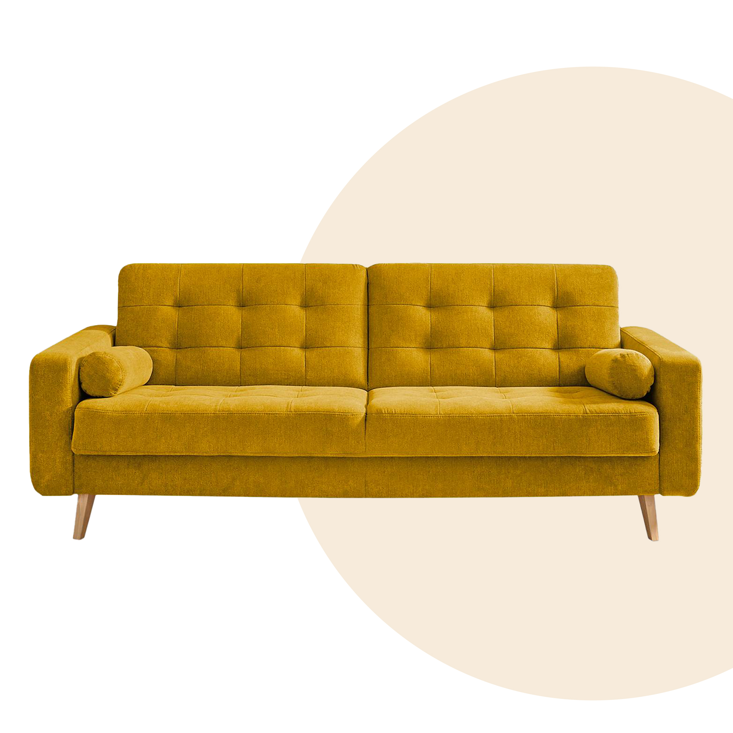 Senfgelbes Schlafsofa Borsh mit Chesterfield-Knöpfung und ausgestellten Holzbeinen