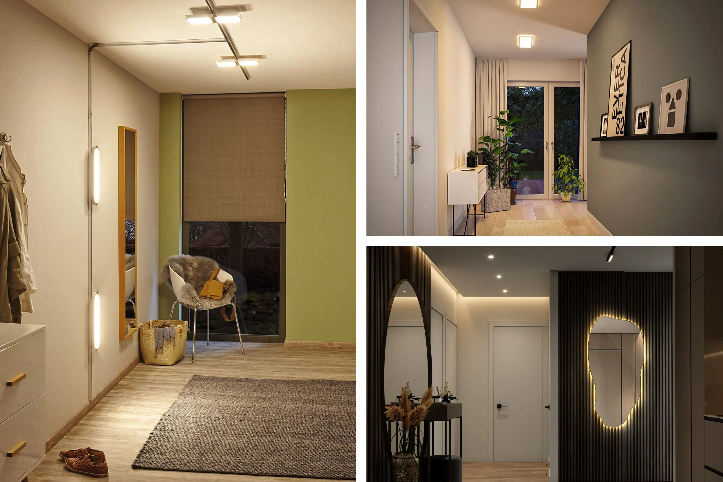 Drei unterschiedlich beleuchtete Eingänge: mit Wand- und Deckenlampen von home24 (links), mit LED-Panels (mittig) und mit Einbauspots, Deckenleuchte und beleuchtetem großen Spiegel