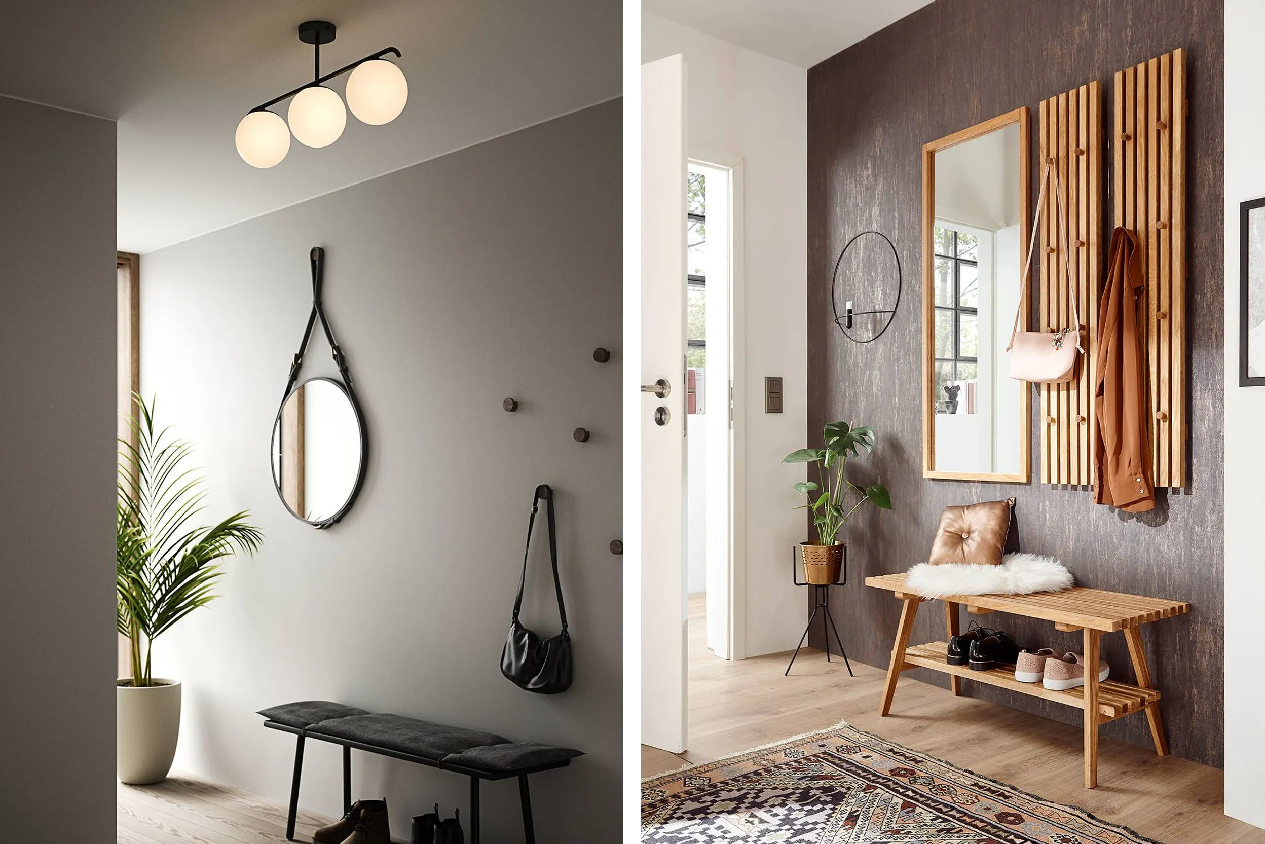 Zwei Eingänge in verschiedenen Stilen mit home24-Deckenleuchten und Spiegeln, um die Helligkeit in diesen engen Räumen, die normalerweise kein oder nur wenig natürliches Licht haben, zu erhöhen.