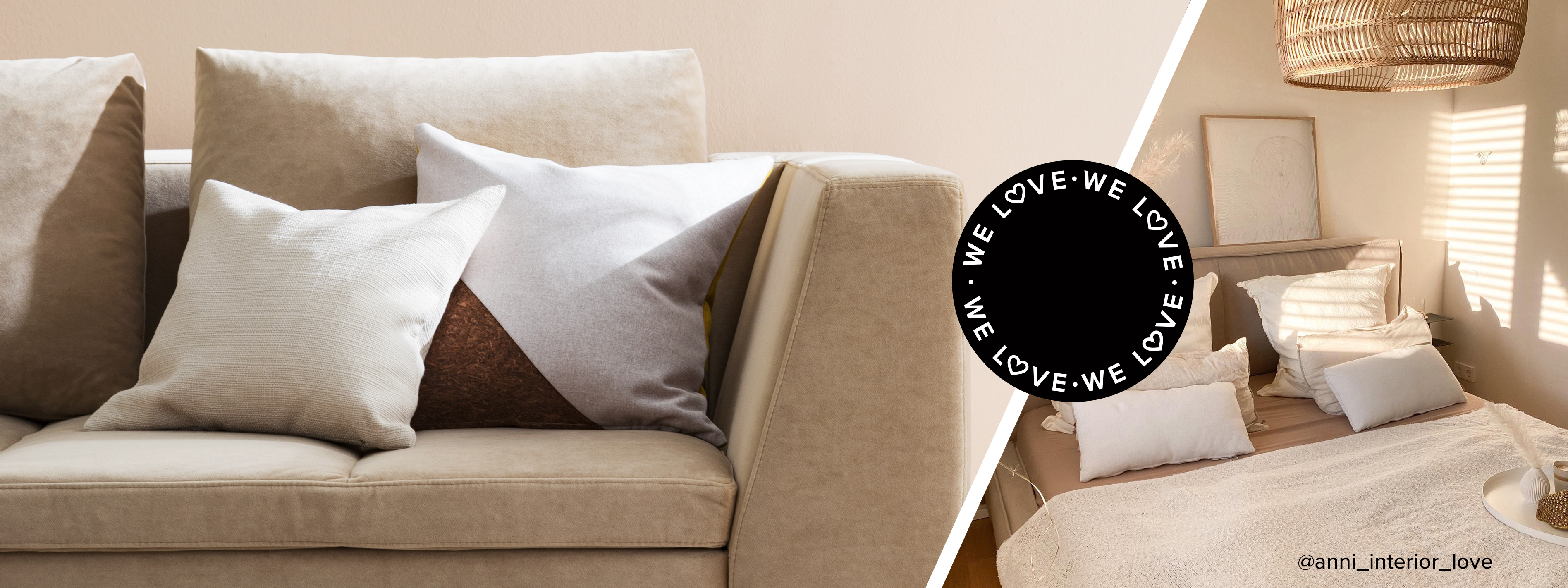 Beige Einrichtung in allen Schattierungen von Creme über Sand, Vanille, Ivory, Ekrü, Taupe bis hin zu hellem Offwhite; ein schlichtes Sofa Ton in Ton mit Wand, Kissen und Accessoires in ähnlichen Farben; daneben ein gemütliches Schlafzimmer mit natürlicher Deko und vielen Textilien.