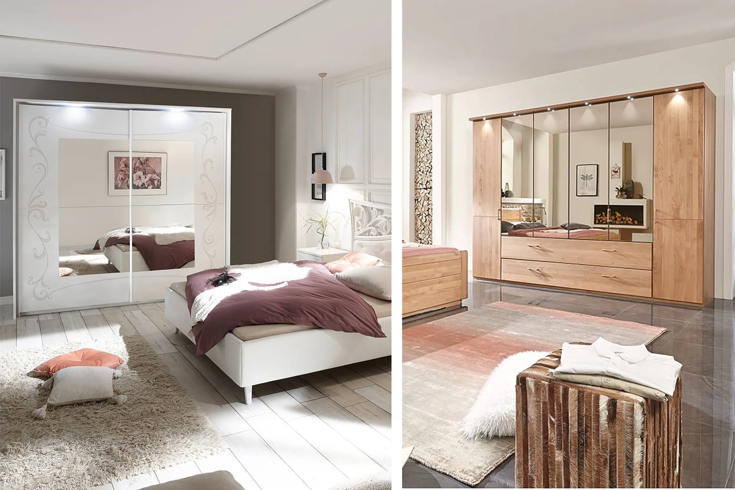 2 Kleiderschränke aus wertigem Holz mit Einbauleuchten von home24 