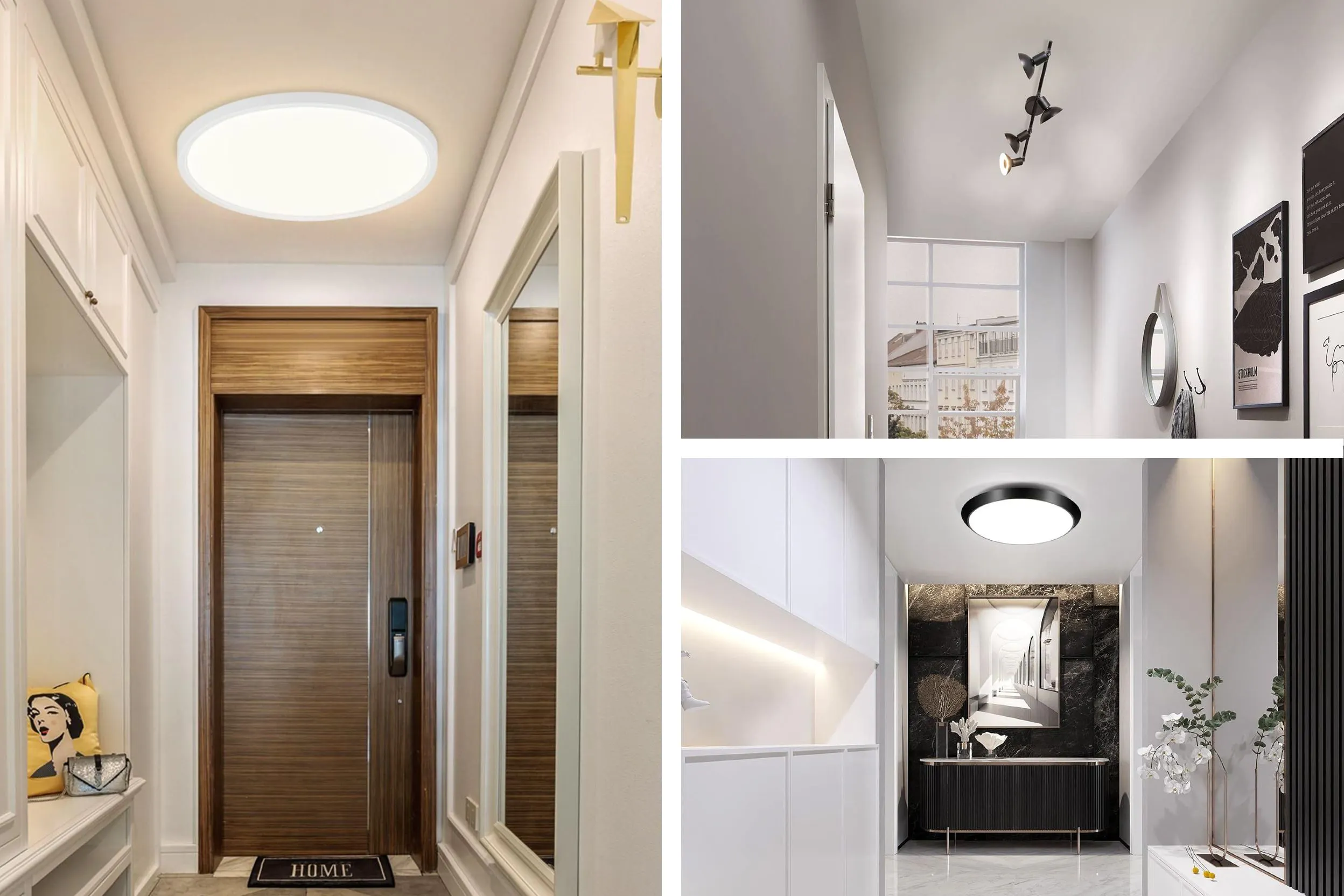 Drei Dielen mit weißen Wänden, Spiegeln, home24-Deckenleuchten und Schienenstrahlern, die für die Beleuchtung eines dunkleren Flurs ideal sind.