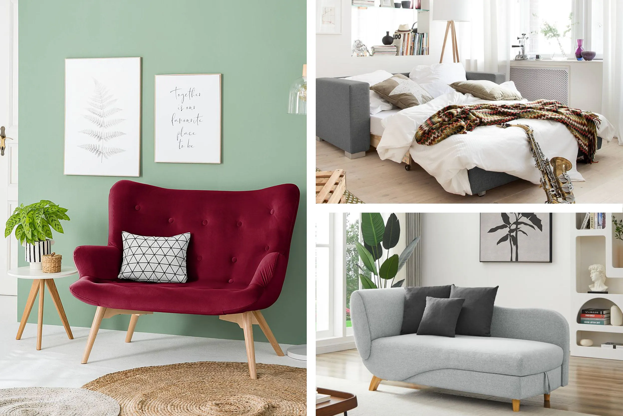 Himbeerfarbenes 2-Sitzer-Sofa von home24, umgeben von Deko-Accessoires, hellgraues home24-Bettsofa im Bettmodus geöffnet, kompakte kleine hellgraue Recamiere in einer eingerichteten, hellen Sitzecke.