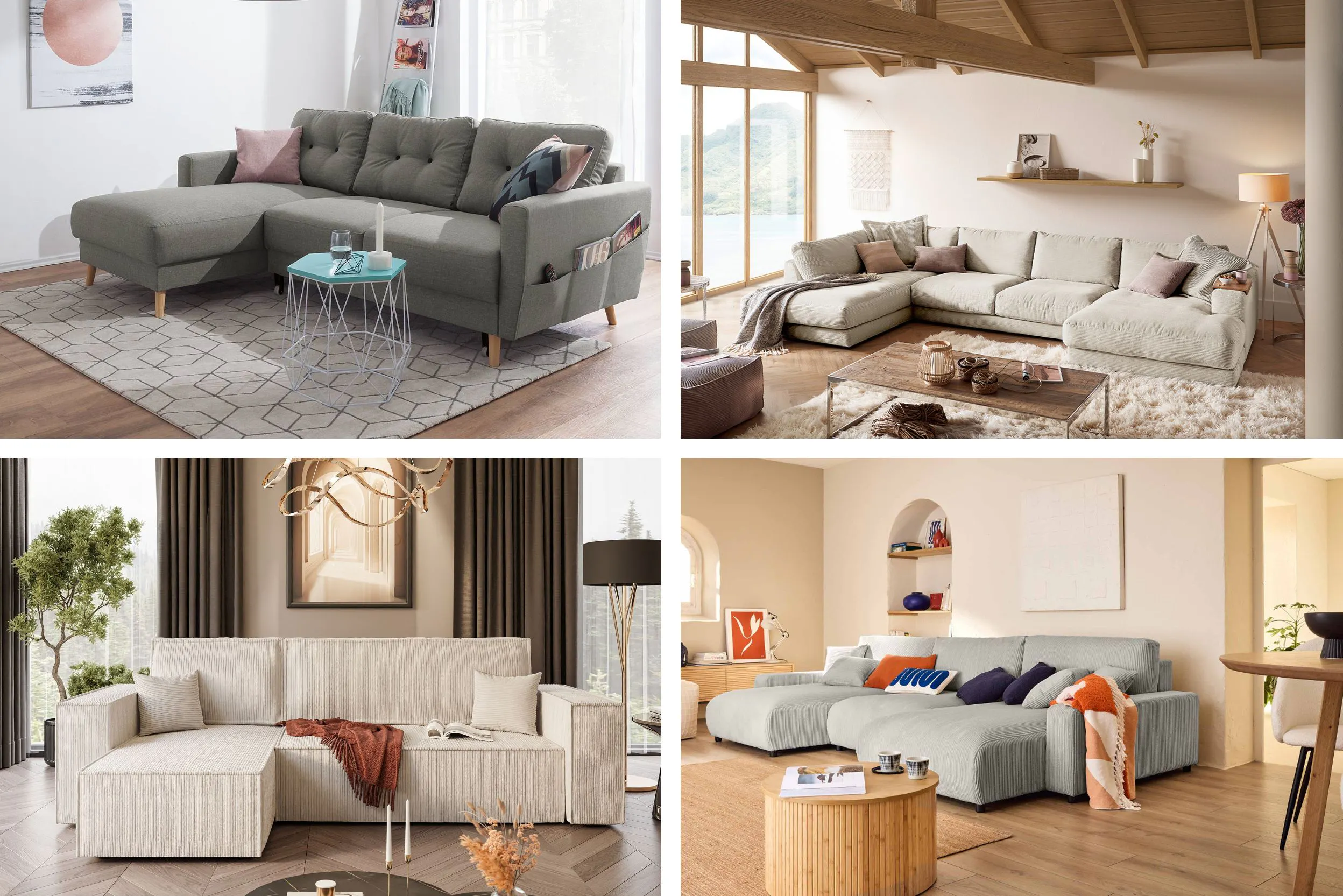 Sofa-Modelle von home24, die sich für einen kleinen Raum eignen: kleines Ecksofa in Hellgrau, in einer eingerichteten Sitzecke, cremefarbene Wohnlandschaft, cremeweisses Ecksofa aus Cord, hellgraue Wohnlandschaft.