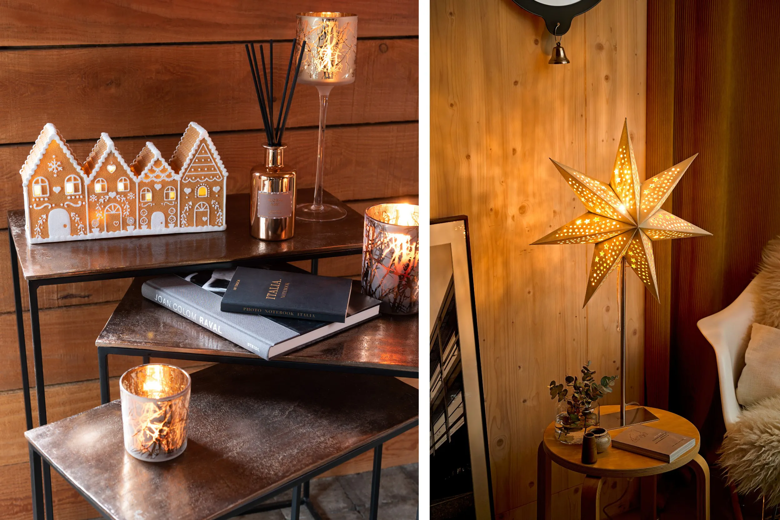 Links: LED-Lebkuchenhaus und Kerzenhalter, rechts: Weihnachtsstern zum Hinstellen