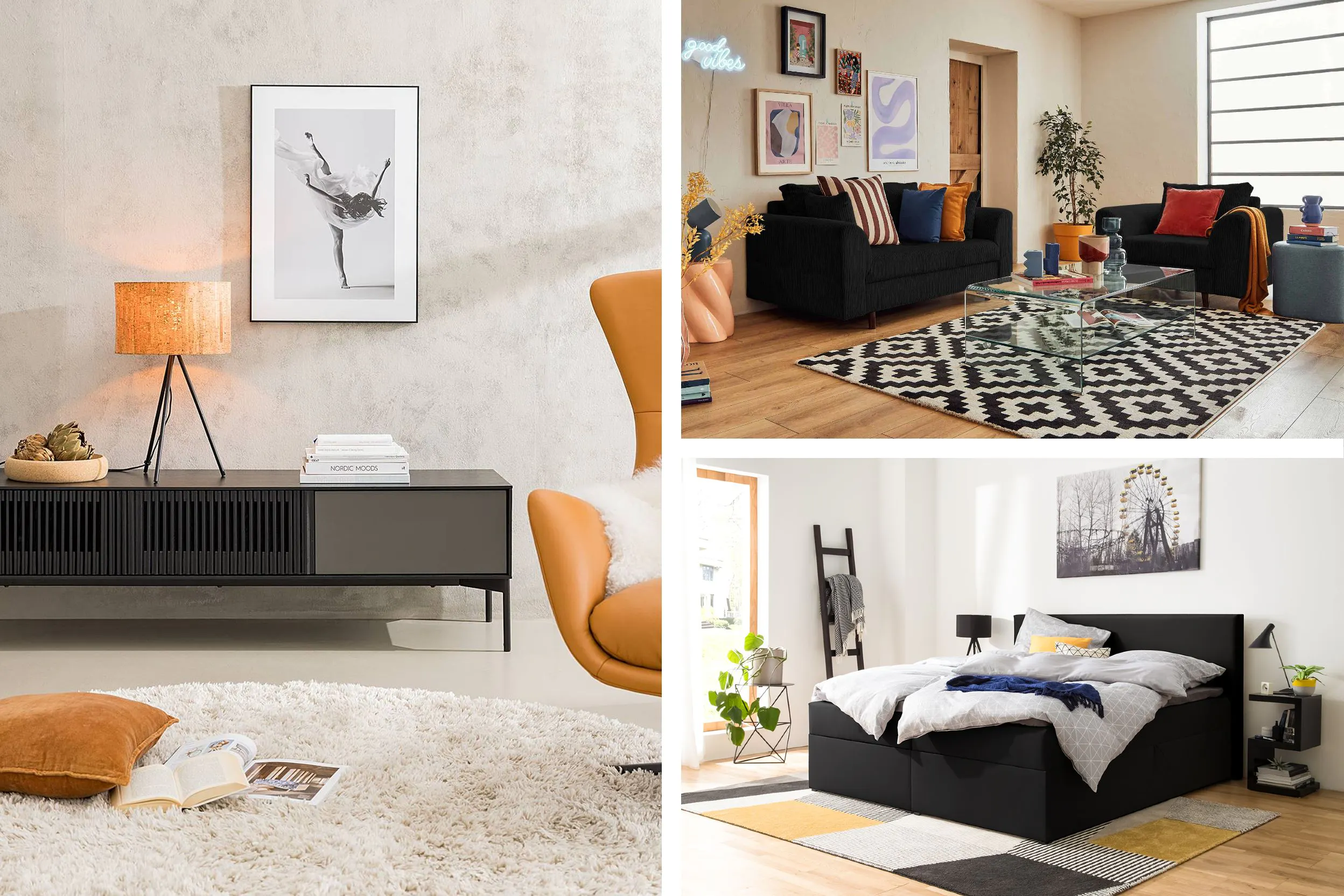 Image présentant trois intérieurs aménagés avec des meubles noirs. Salon (gauche) : meuble TV bas en bois noir, fauteuil rembourré en cuir jaune moutarde, tapis rond blanc à poils longs, lampe sur pied avec abat-jour en tissu jaune moutarde, coussin décoratif au sol, jaune moutarde. Salon (centre) : canapé d'angle en tissu noir, fauteuil assorti, tapis à motifs géométriques noir et blanc, table basse en verre, coussins décoratifs colorés et plaid jaune moutarde. Chambre (droite) : lit double avec tête de lit capitonnée en tissu noir, sommier tapissé, coussins gris et jaunes, plaid bleu, tapis à motifs géométriques noir et jaune, table de chevet en bois noir, plantes vertes.