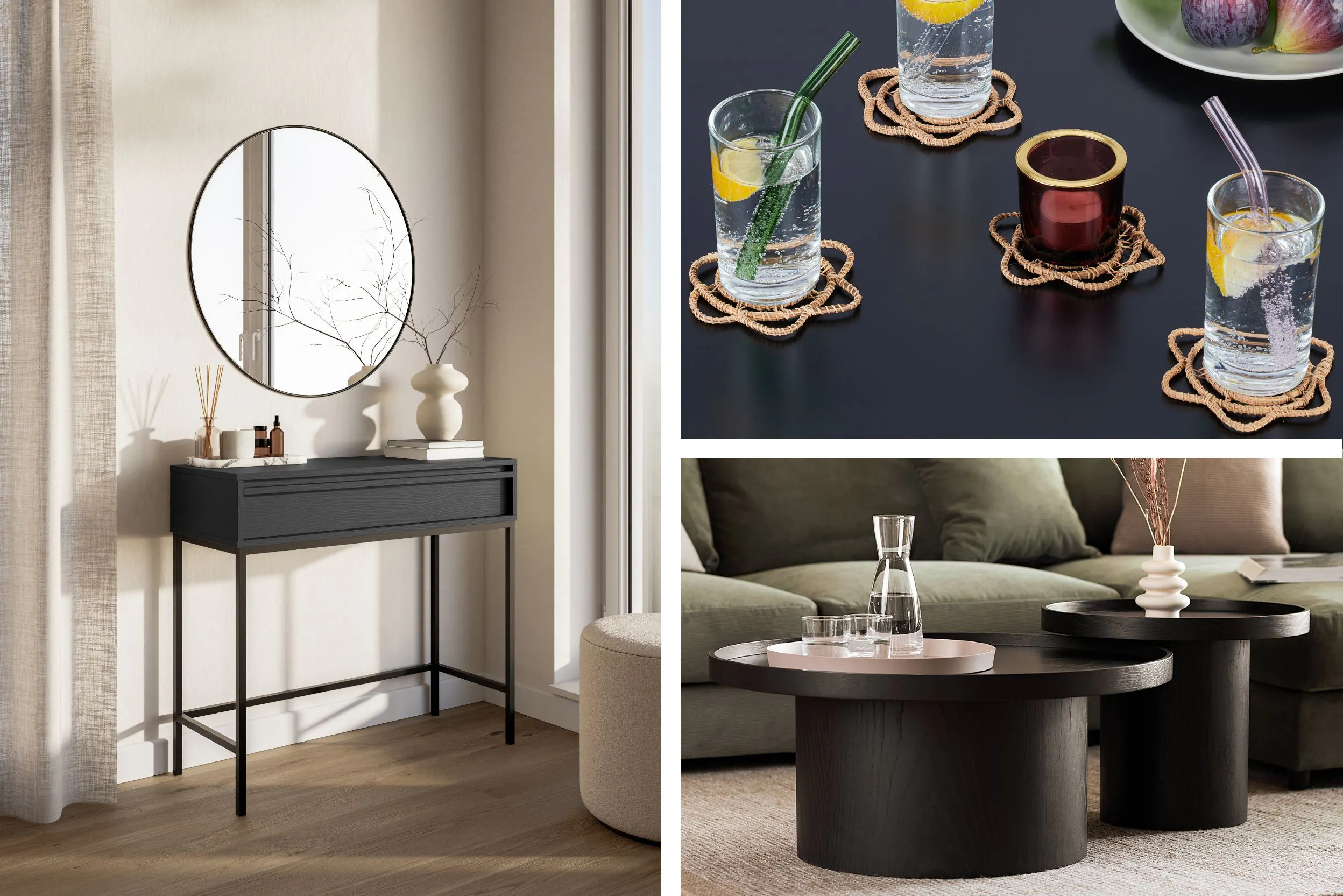 Composition visuelle mettant en scène différents éléments de mobilier noir. À gauche, une console à pieds fins en bois noir est présentée dans un intérieur clair, surmontée d’un grand miroir rond. Sur la console repose un plateau en marbre blanc contenant des objets décoratifs divers. Au centre, des sous-verres en osier tressé contrastent avec la surface lisse d'une table basse noire en bois massif qu’ils protègent. En bas à droite, deux tables basses rondes en bois noir sur un tapis beige, devant un canapé vert. Un plateau blanc à rebords contenant des verres et une carafe d’eau protège la table. L'image met en évidence l'utilisation de matériaux naturels et de finitions mates pour un effet contemporain.