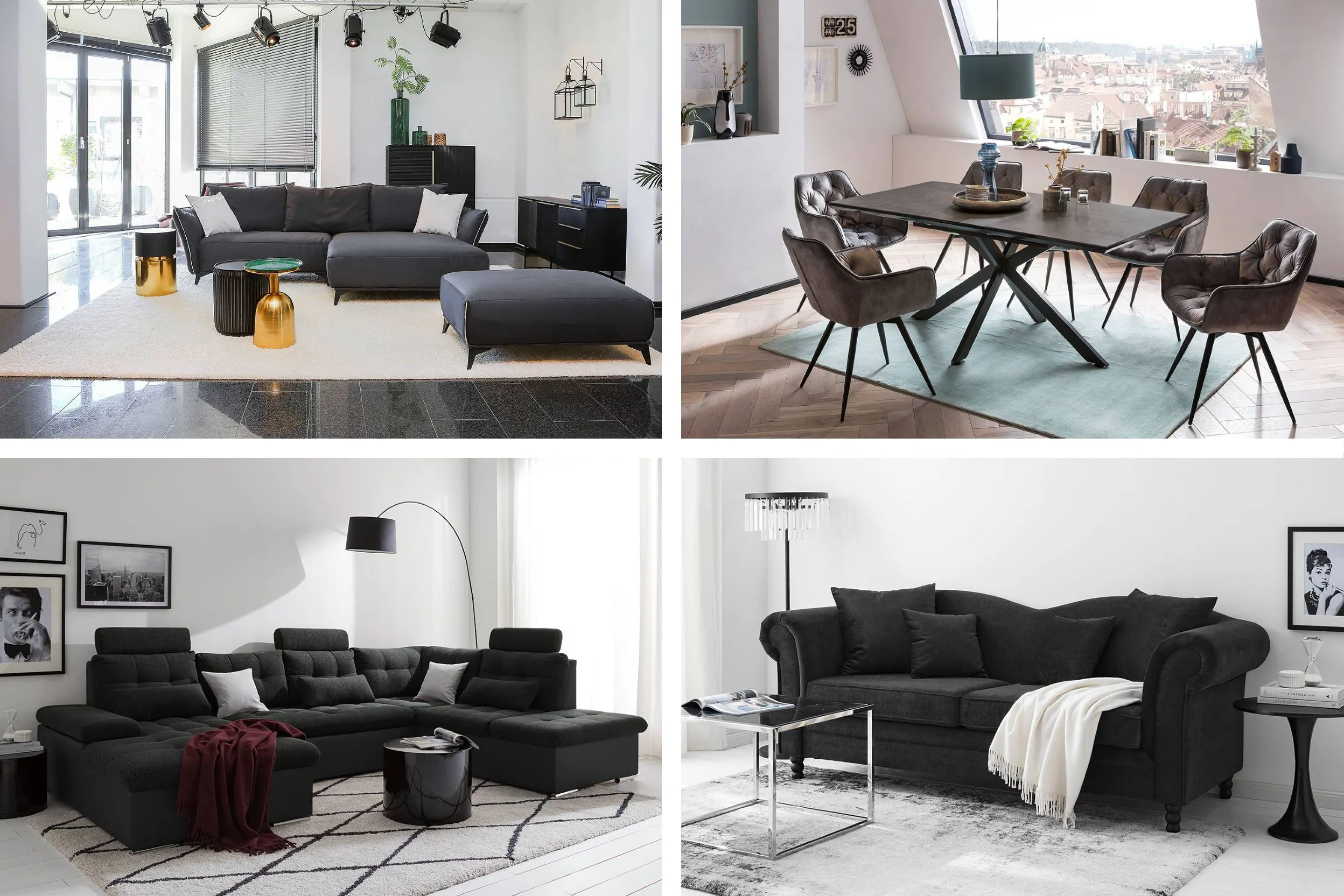 De gauche à droite : un salon contemporain avec un canapé modulaire et des accents dorés, une salle à manger élégante avec une table en bois et des chaises rembourrées, un salon cosy avec un canapé d'angle et un tapis à motifs géométriques, et enfin un salon classique avec un canapé Chesterfield et une table basse en verre. Ces photos montrent divers types de meubles noirs - canapés, tables basses, enfilade, buffet, lampes, table à manger - placés près de grandes fenêtres pour un maximum de lumière naturelle.