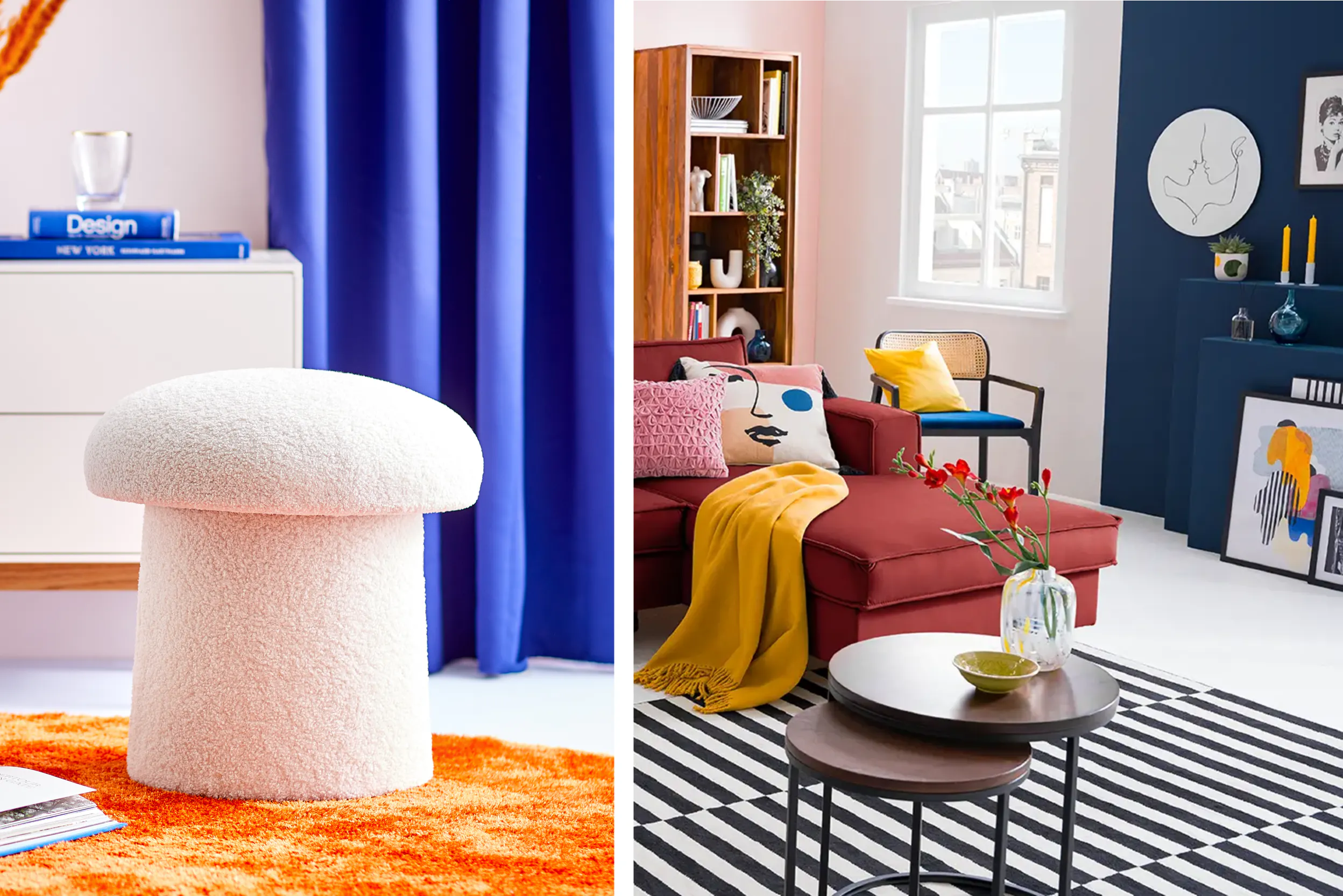 Links: Blauer Vorhang kombiniert mit rosa Wänden; rechts: Rote Couch mit dunkelblauer Wand