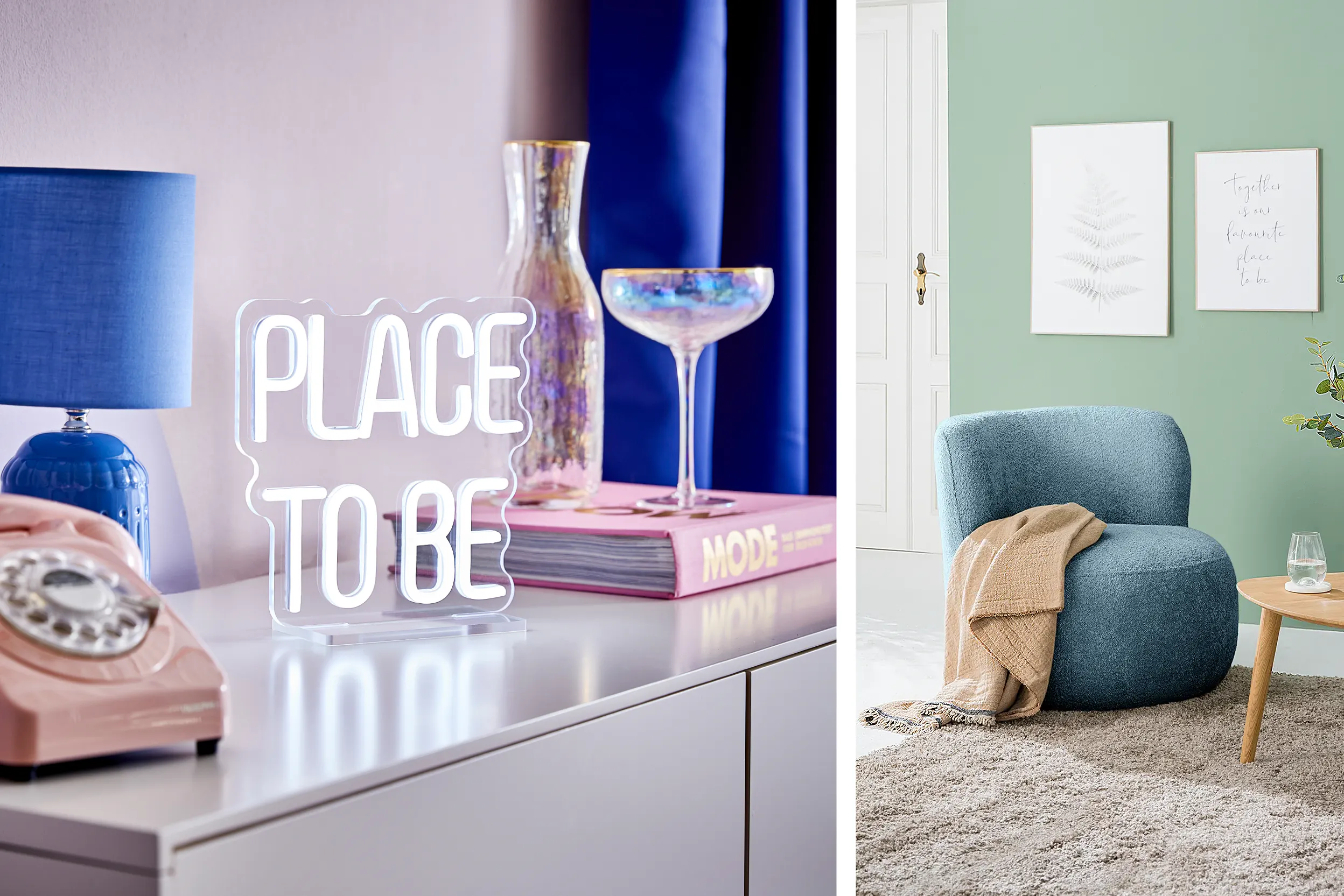 Links: blassrosa Wände kombiniert mit blauer Lampe und blauen Vorhängen, rechts: mintgrüne Wand mit blauem Sessel
