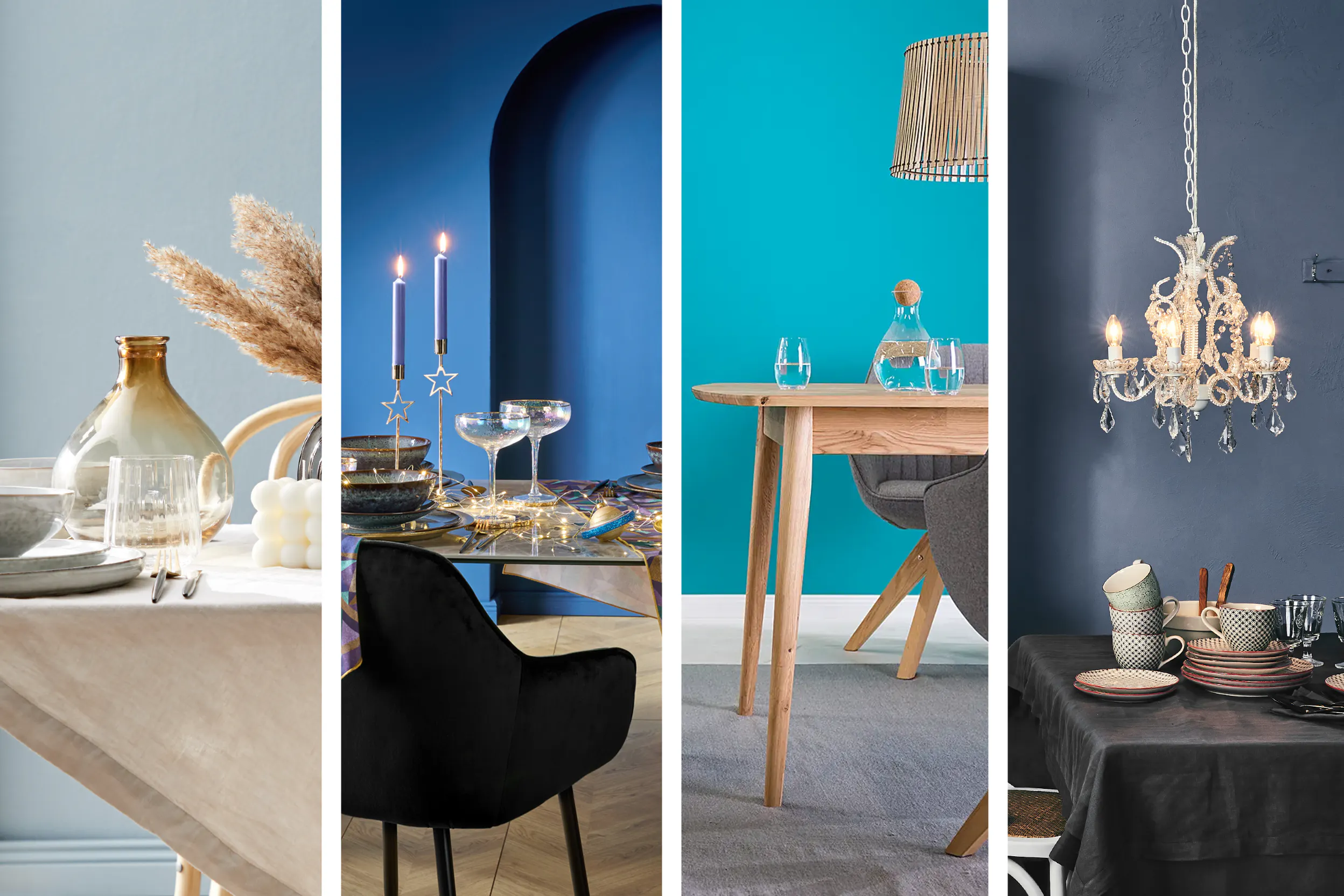 Verschiedene Blautöne als Wandfarbe: Hellblau, Königsblau, Aqua und Blaugrau