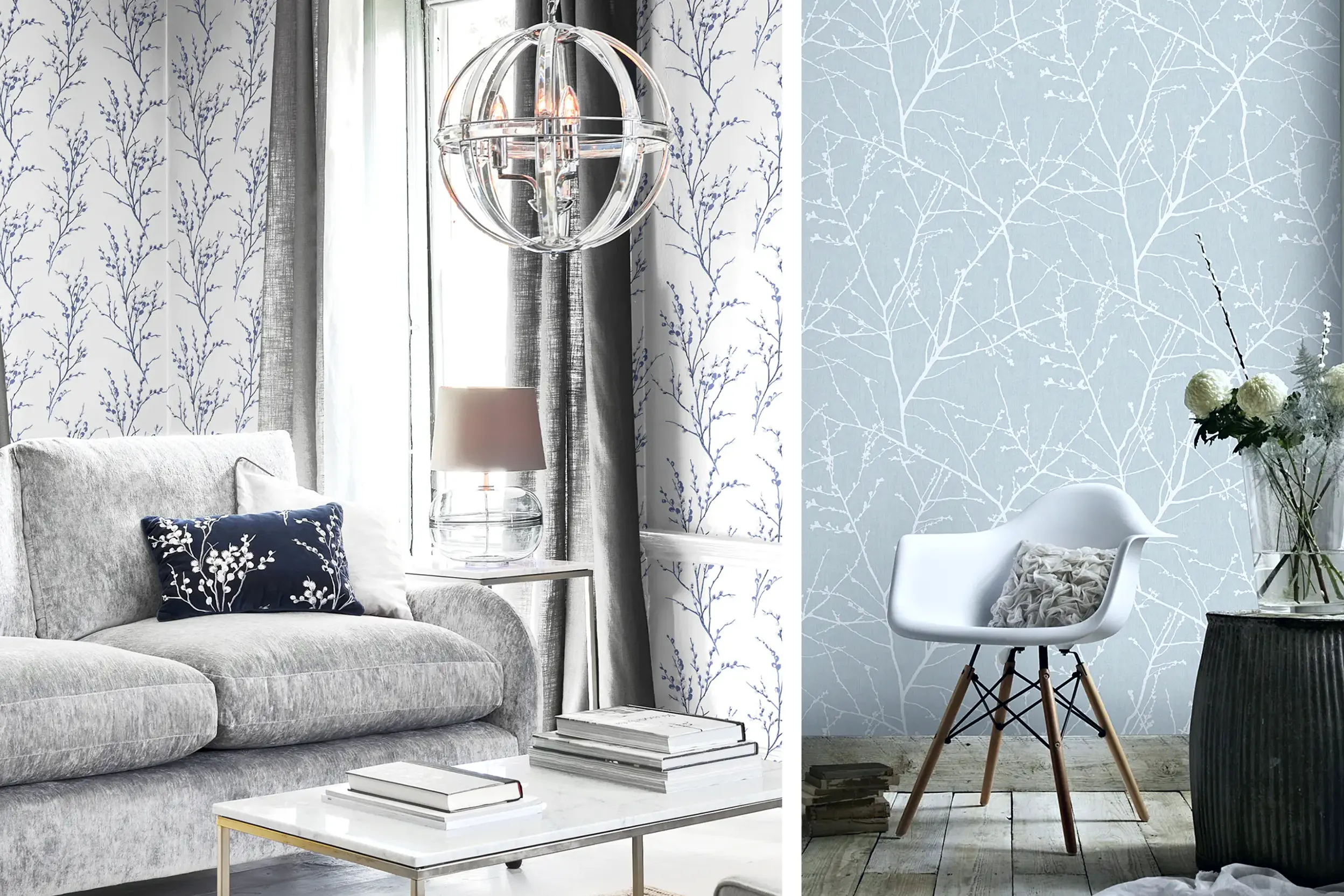 Links: Florale Tapete in Blau-Weiß und blaues Kissen
