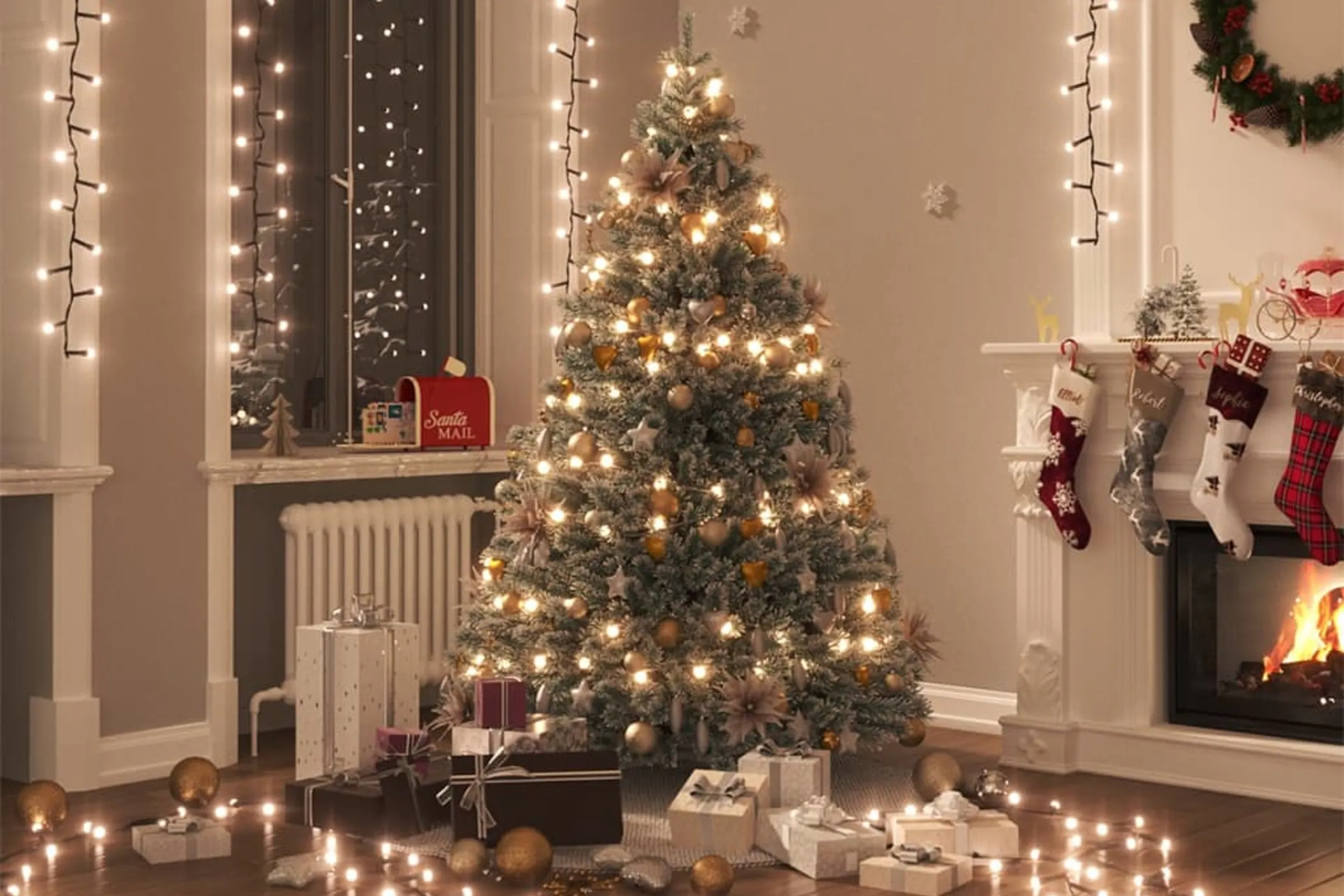 Weihnachtliches Wohnzimmer mit Kamin und Strümpfen, Lichterketten und Baum