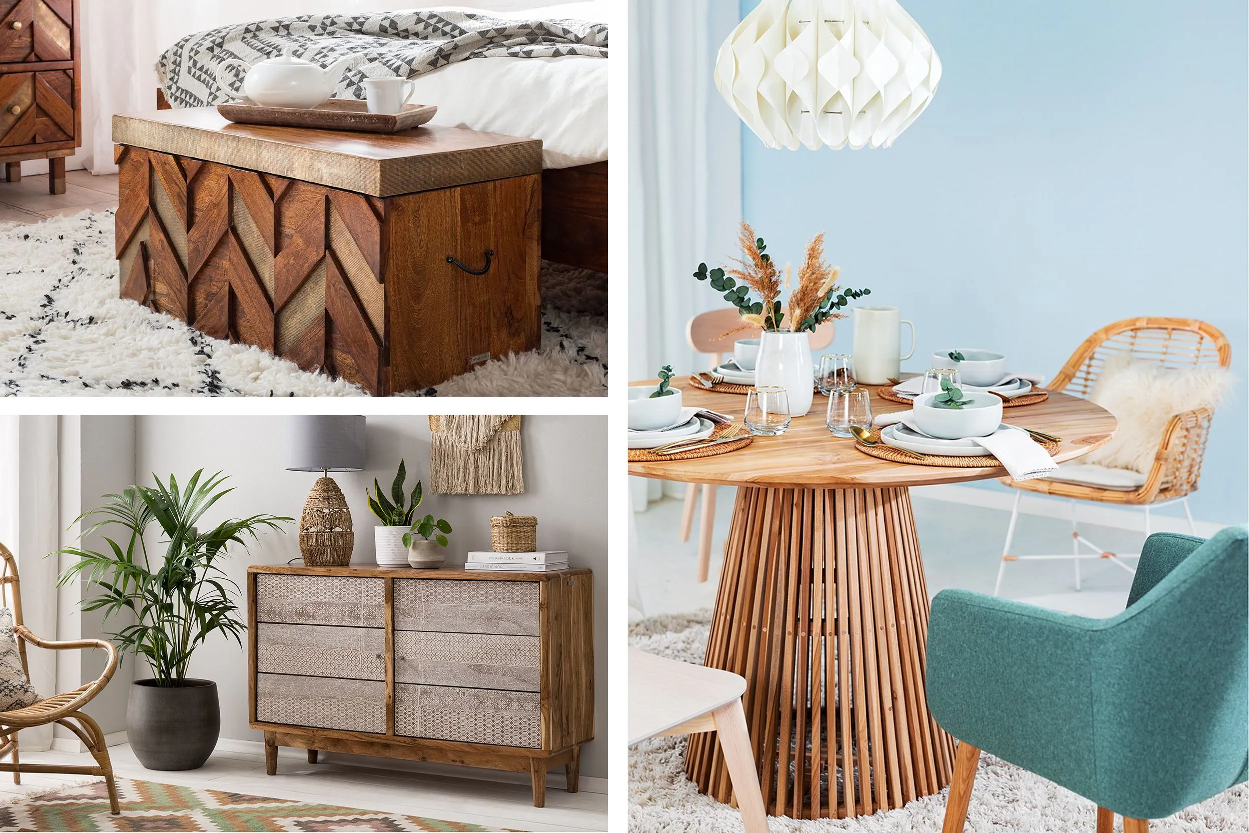 Massivholz-Truhe und Sideboard aus Holz sowie Esstisch mit Tischbein in Pagoden-Optik